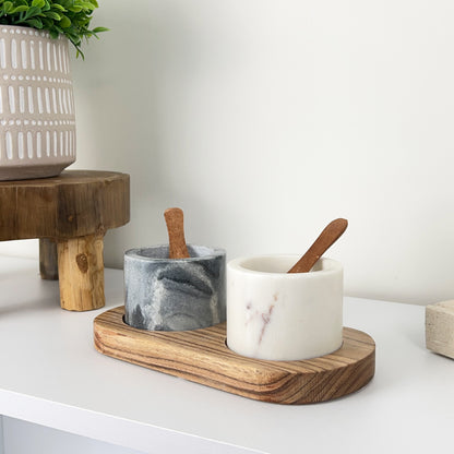 Marble Salt and Pepper Pinch Pots with Spoons and Base