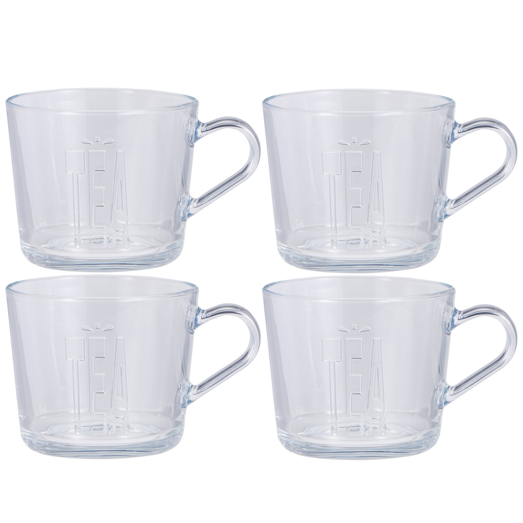 Set of 4 Glass ‘TEA’ Mugs with Handles – Tempered Heat Resistant Glass