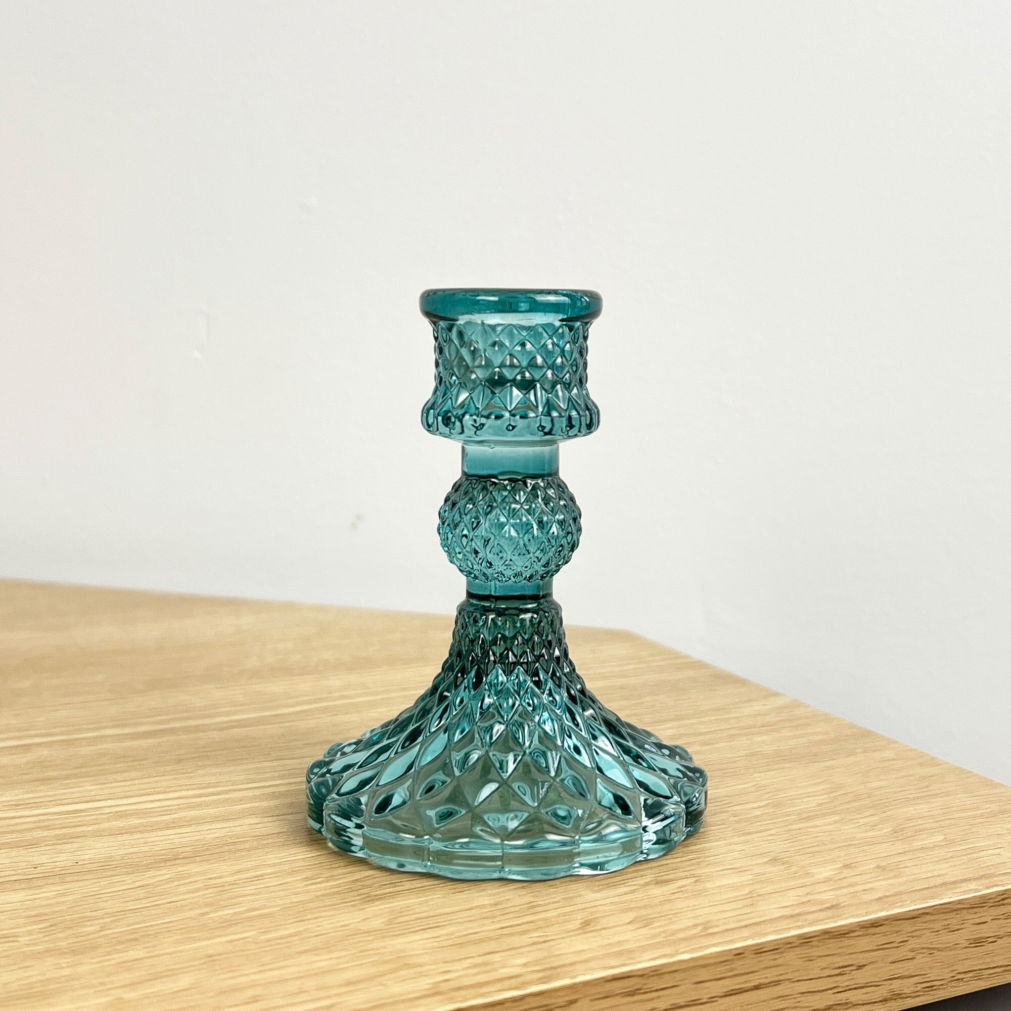 10.5cm Pressed Glass Candlestick Holder - Turquoise