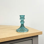 10.5cm Pressed Glass Candlestick Holder - Turquoise