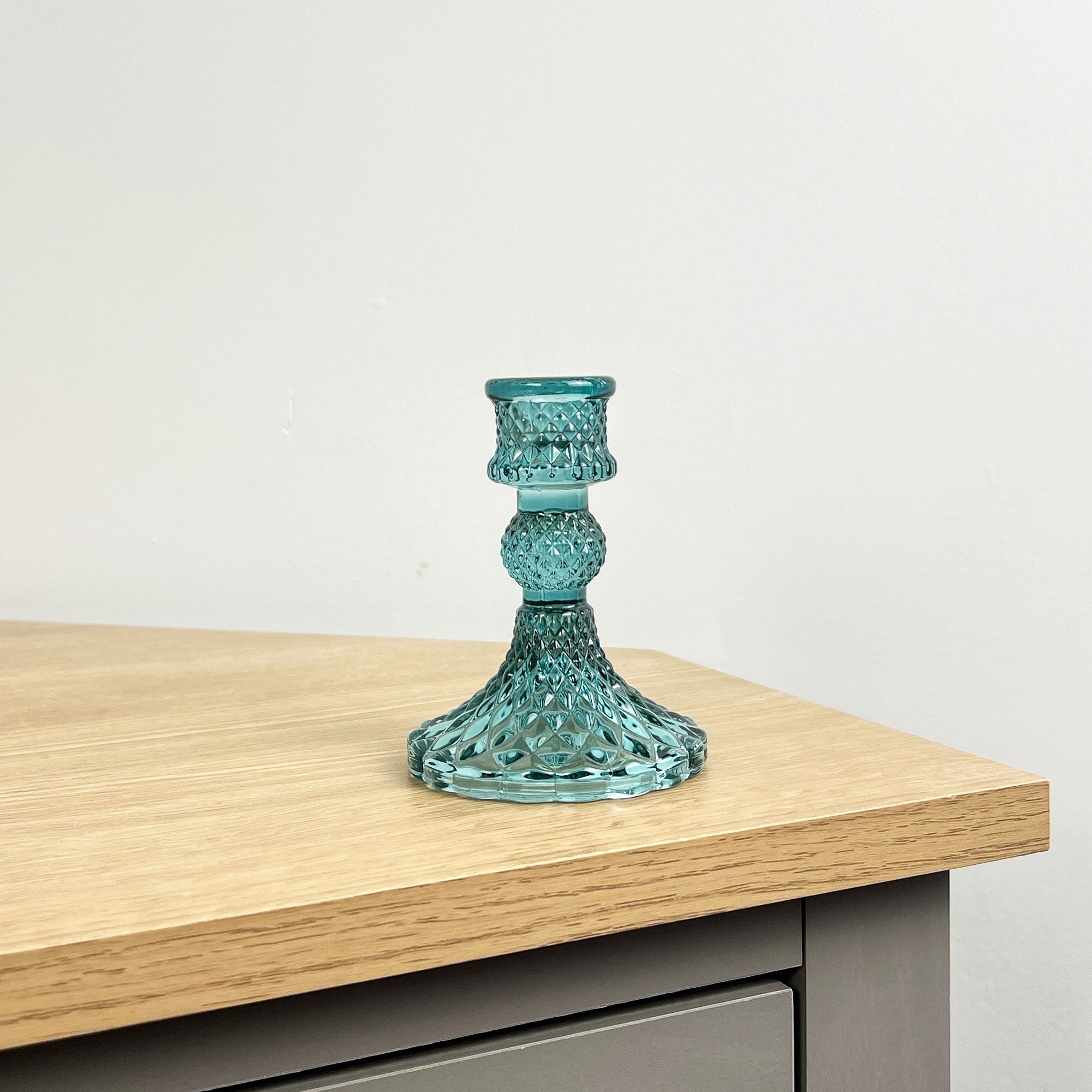 10.5cm Pressed Glass Candlestick Holder - Turquoise