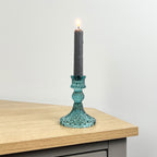 10.5cm Pressed Glass Candlestick Holder - Turquoise