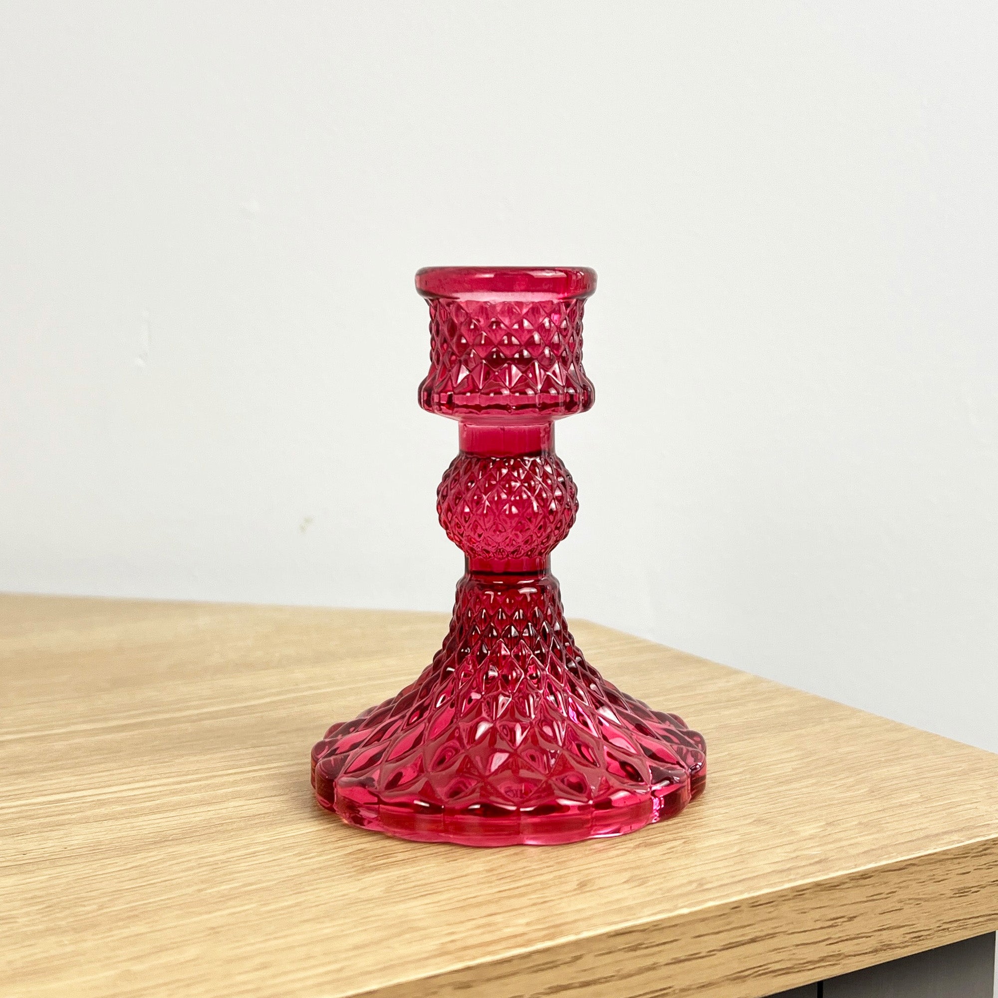 10.5cm Pressed Glass Candlestick Holder - Vibrant Pink