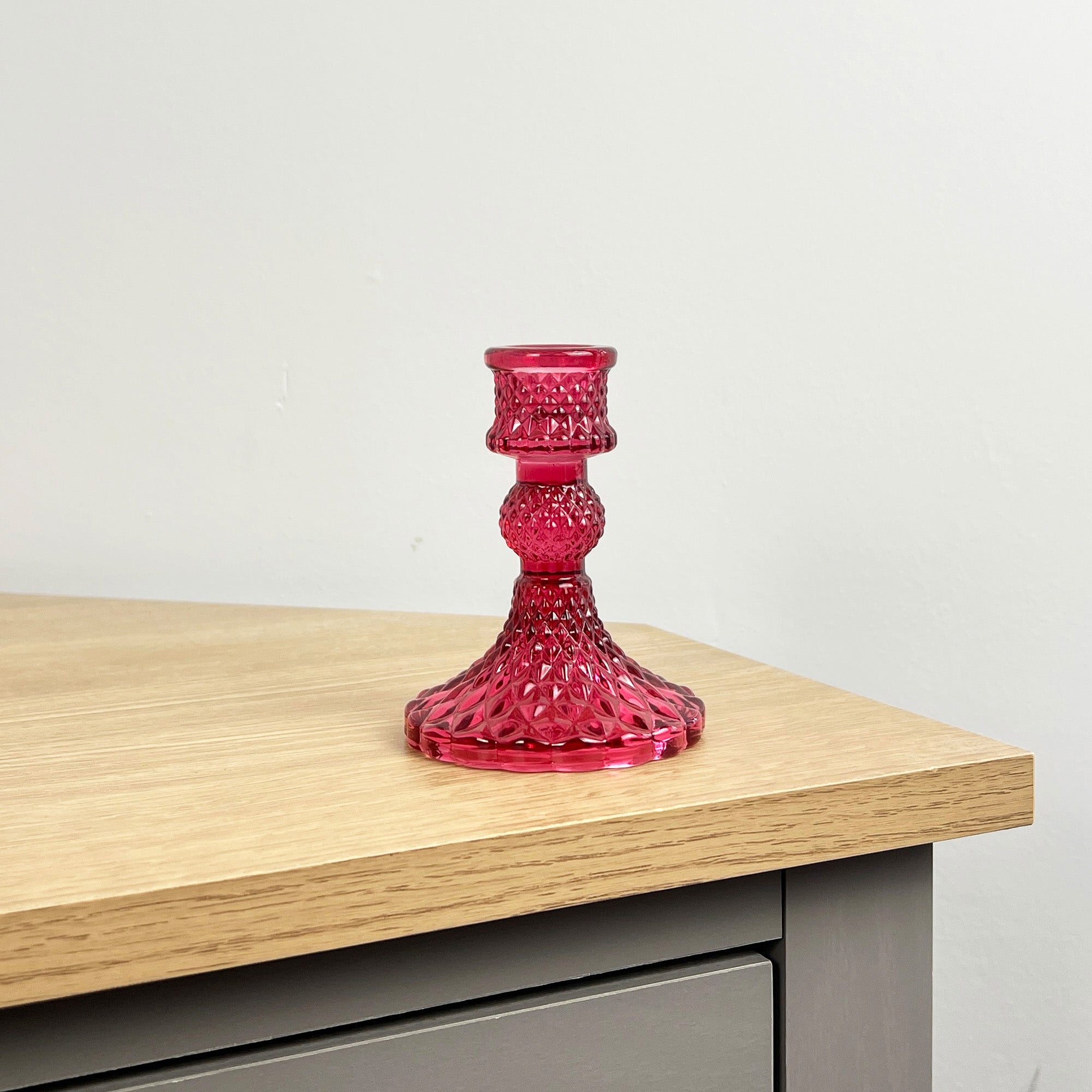 10.5cm Pressed Glass Candlestick Holder - Vibrant Pink