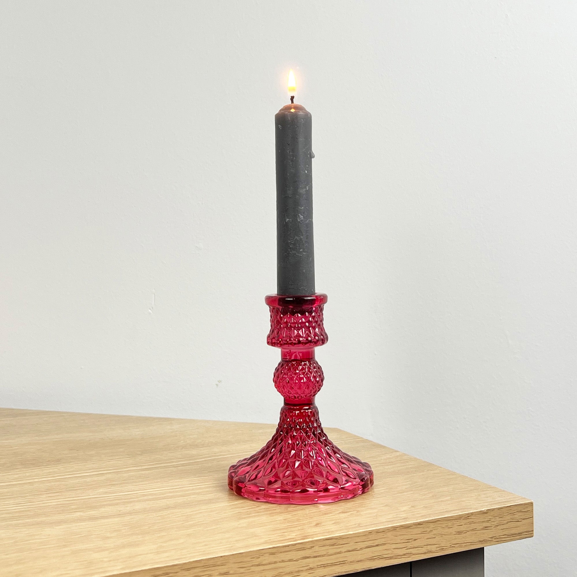 10.5cm Pressed Glass Candlestick Holder - Vibrant Pink