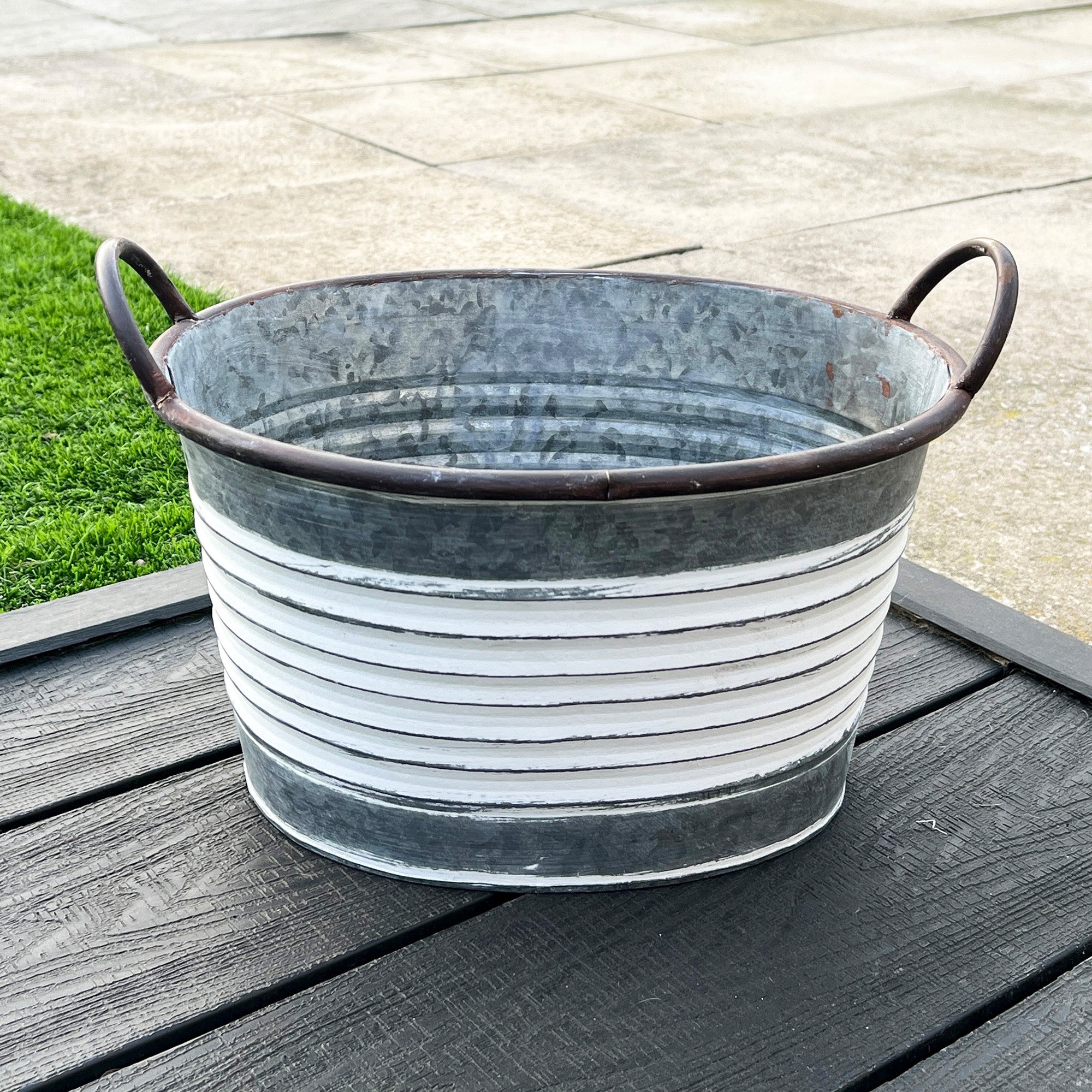 36.5cm White Band Oval Garden Planter with Handles – Galvanised Zinc