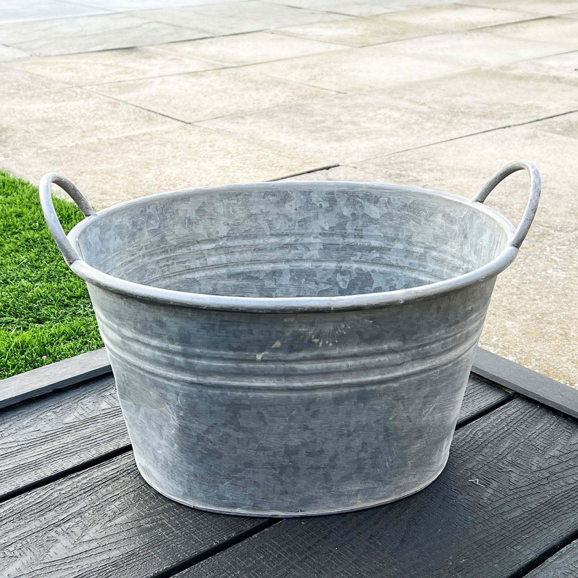 38cm Oval Garden Planter with Handles – Galvanised Zinc