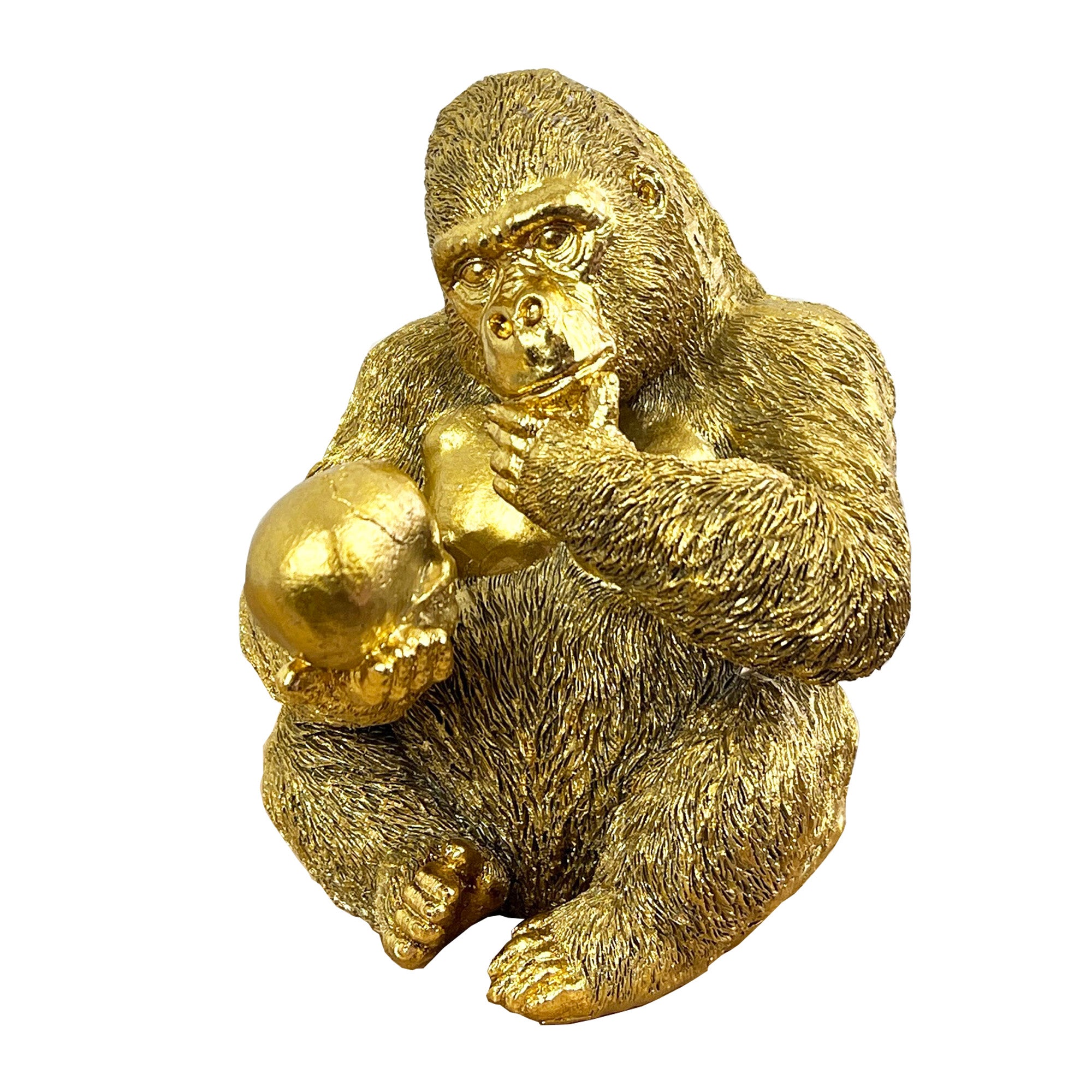 15cm Gold Thinking Gorilla Holding Skull – Resin