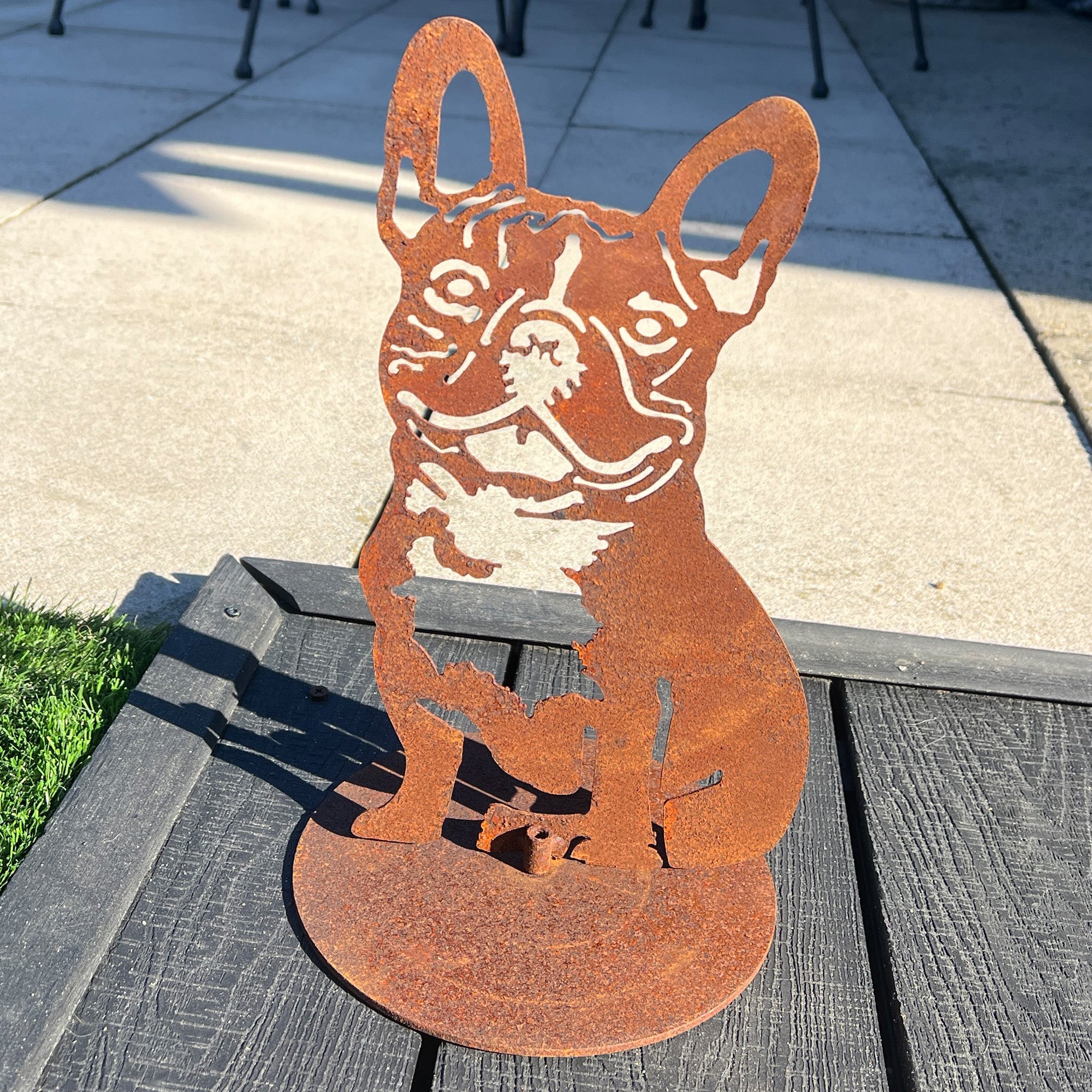 32cm Rusty French Bulldog Silhouette Garden Ornament - Metal