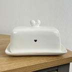 White Ceramic Blue Hearts Butter Dish with Lid