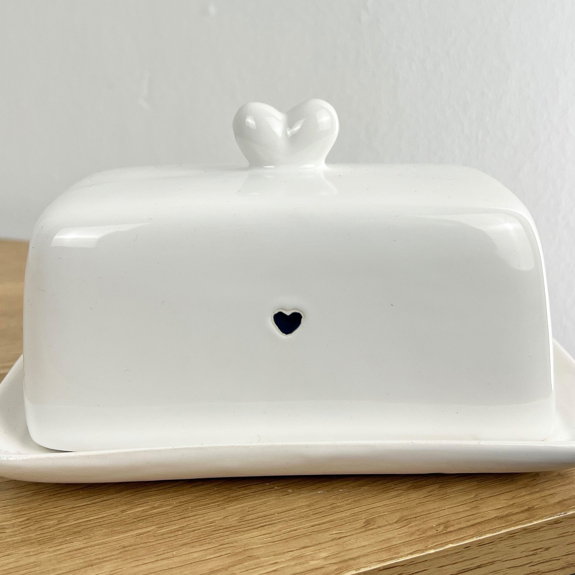 White Ceramic Blue Hearts Butter Dish with Lid