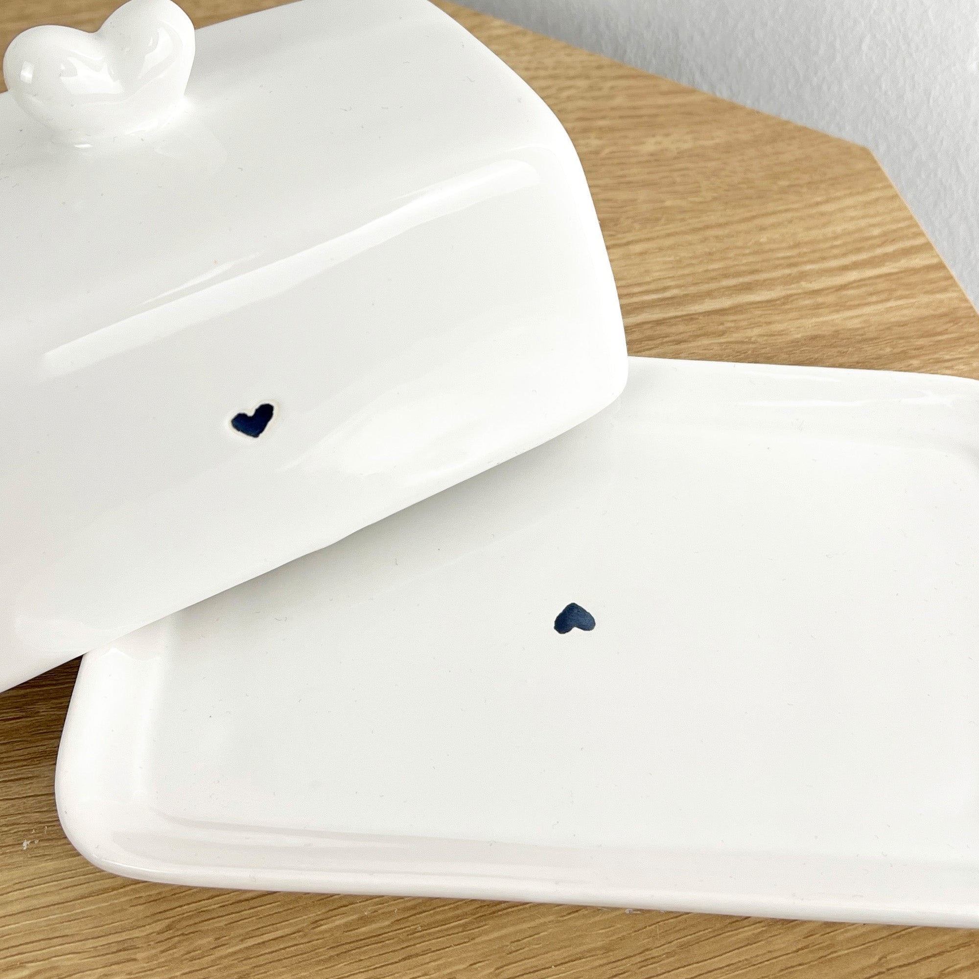 White Ceramic Blue Hearts Butter Dish with Lid