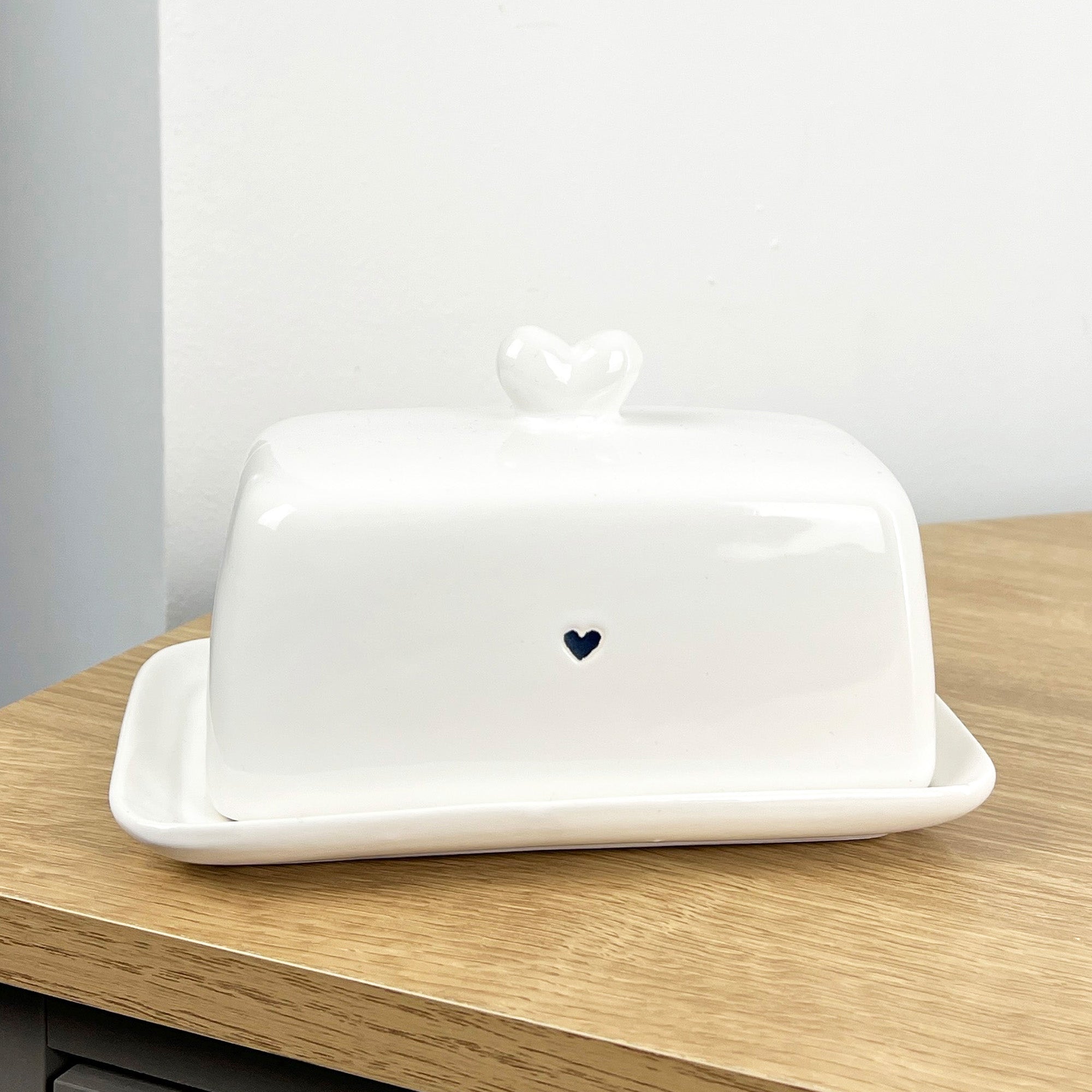 White Ceramic Blue Hearts Butter Dish with Lid