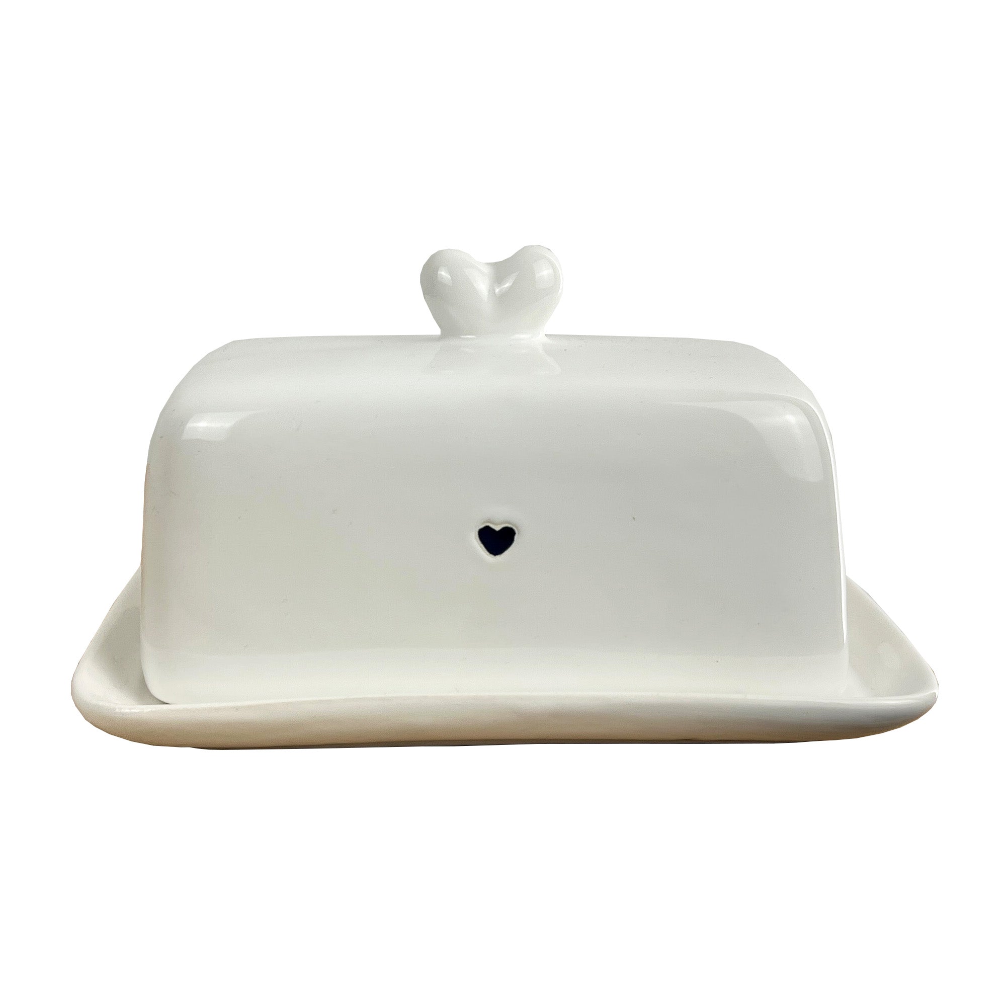 White Ceramic Blue Hearts Butter Dish with Lid