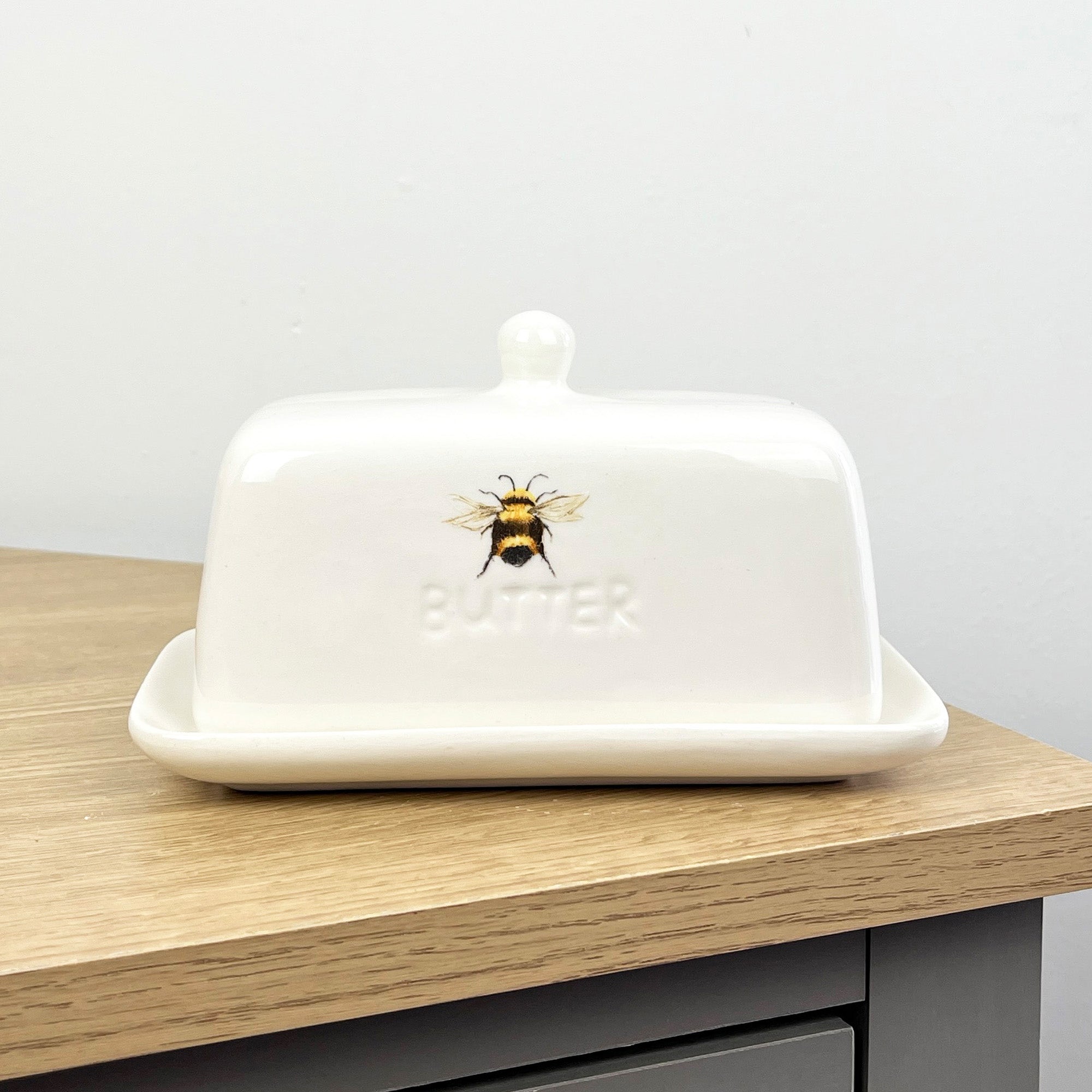 White Ceramic Bumble Bee Butter Dish with Lid
