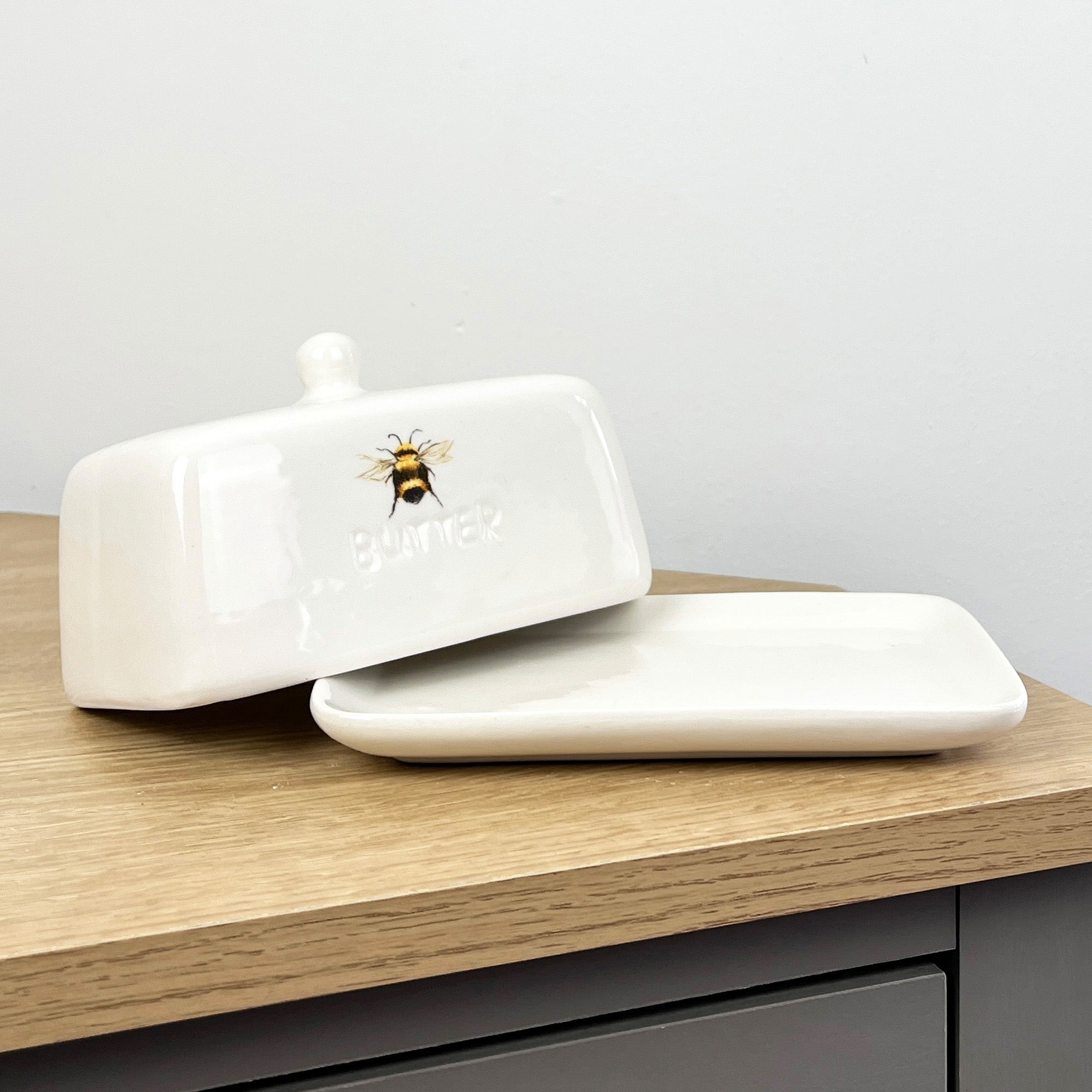 White Ceramic Bumble Bee Butter Dish with Lid