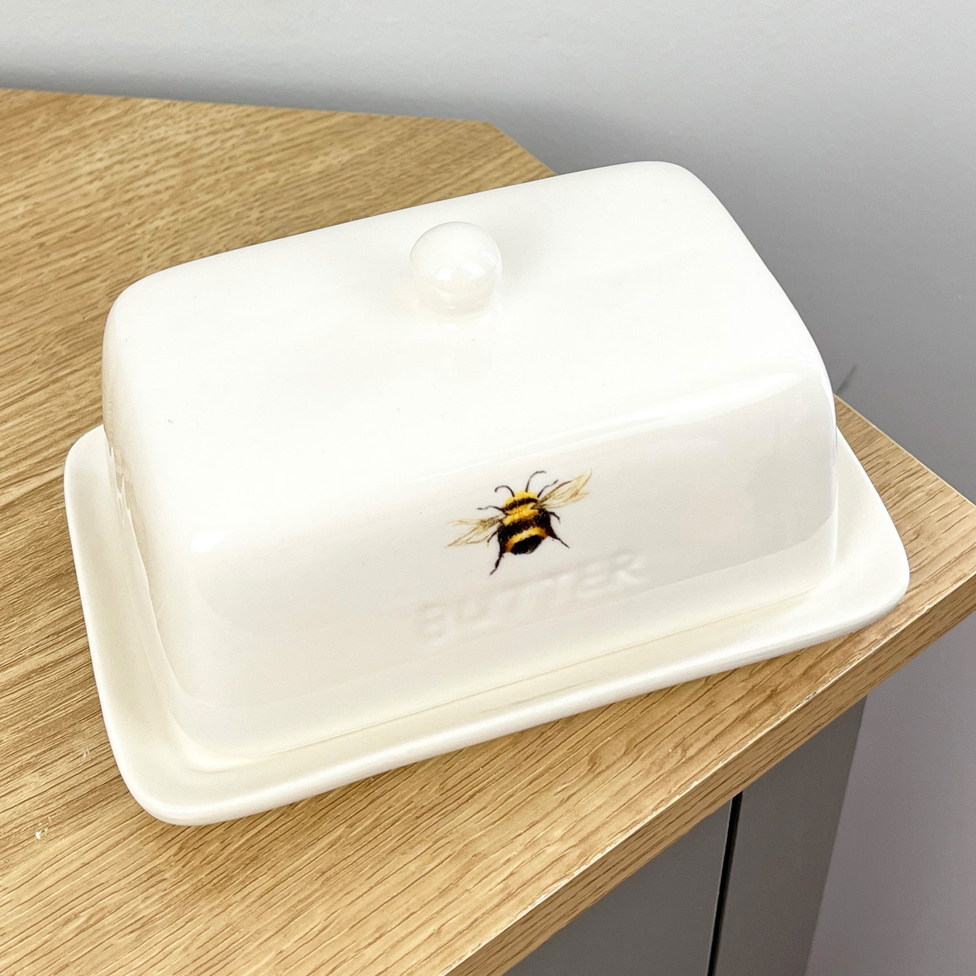 White Ceramic Bumble Bee Butter Dish with Lid
