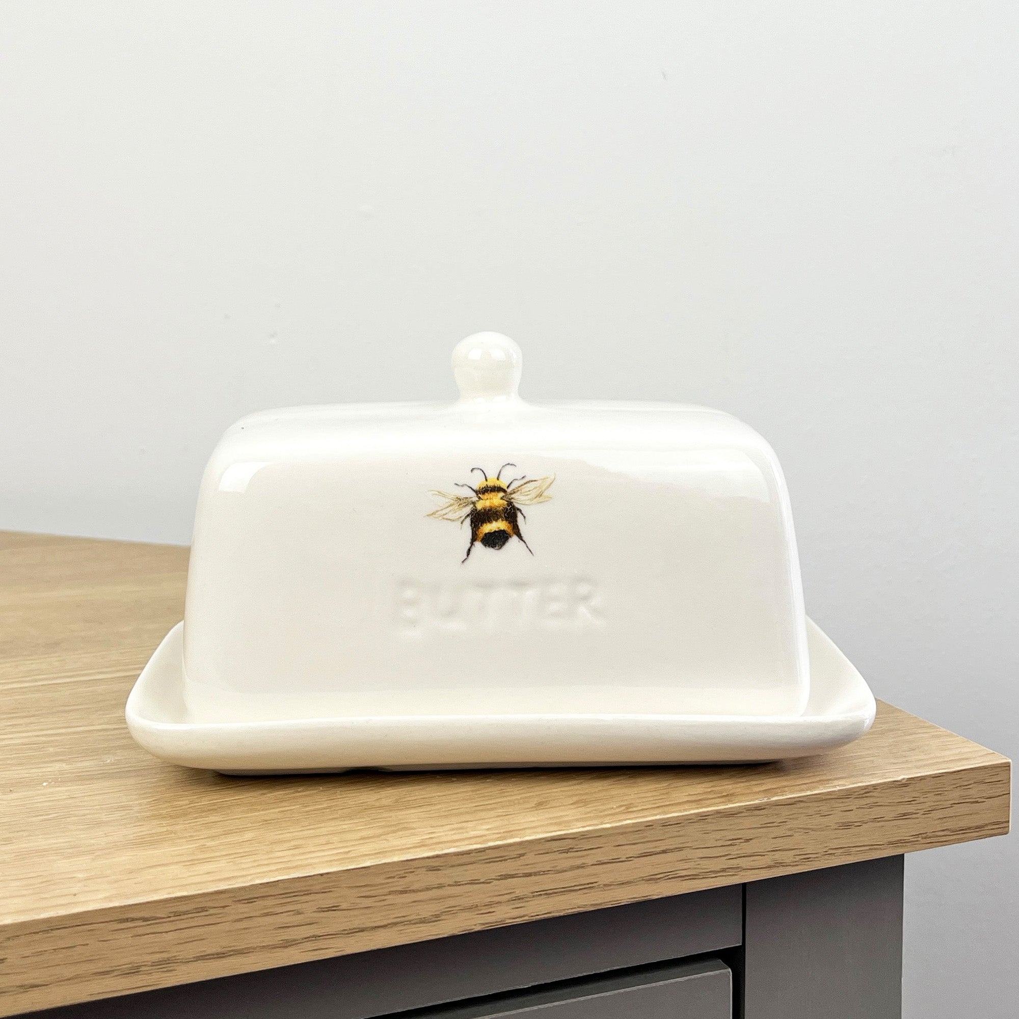 White Ceramic Bumble Bee Butter Dish with Lid