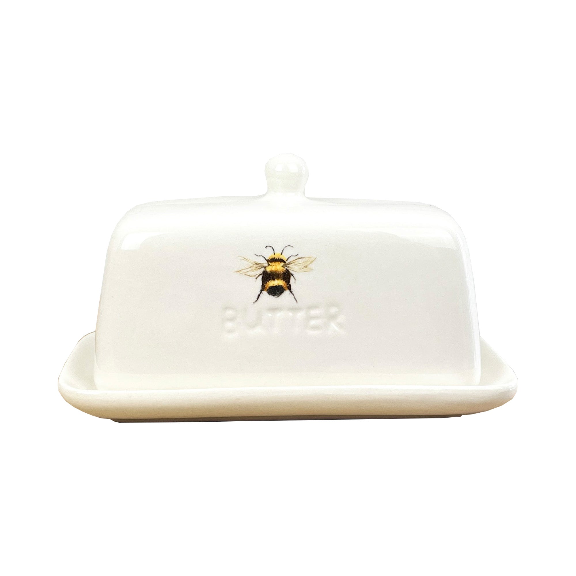 White Ceramic Bumble Bee Butter Dish with Lid