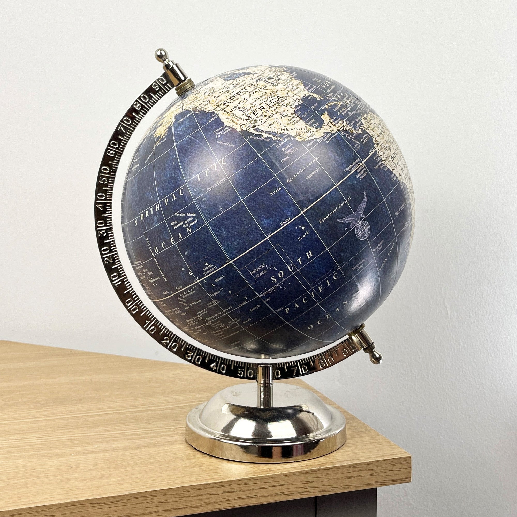 27cm Tall Rotating Globe Ornament - Blue & Silver