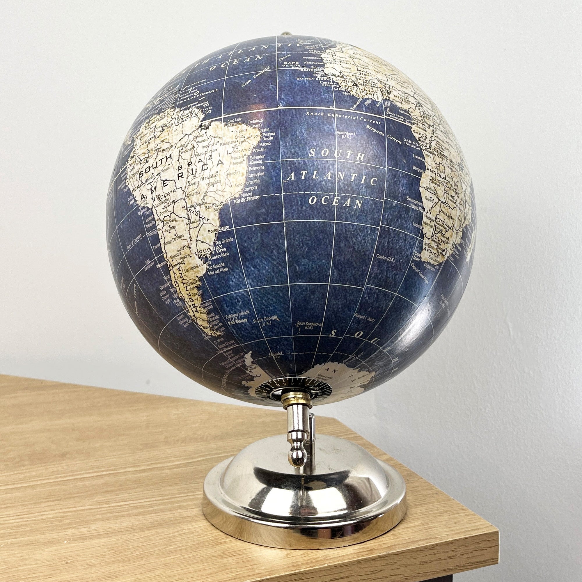 27cm Tall Rotating Globe Ornament - Blue & Silver
