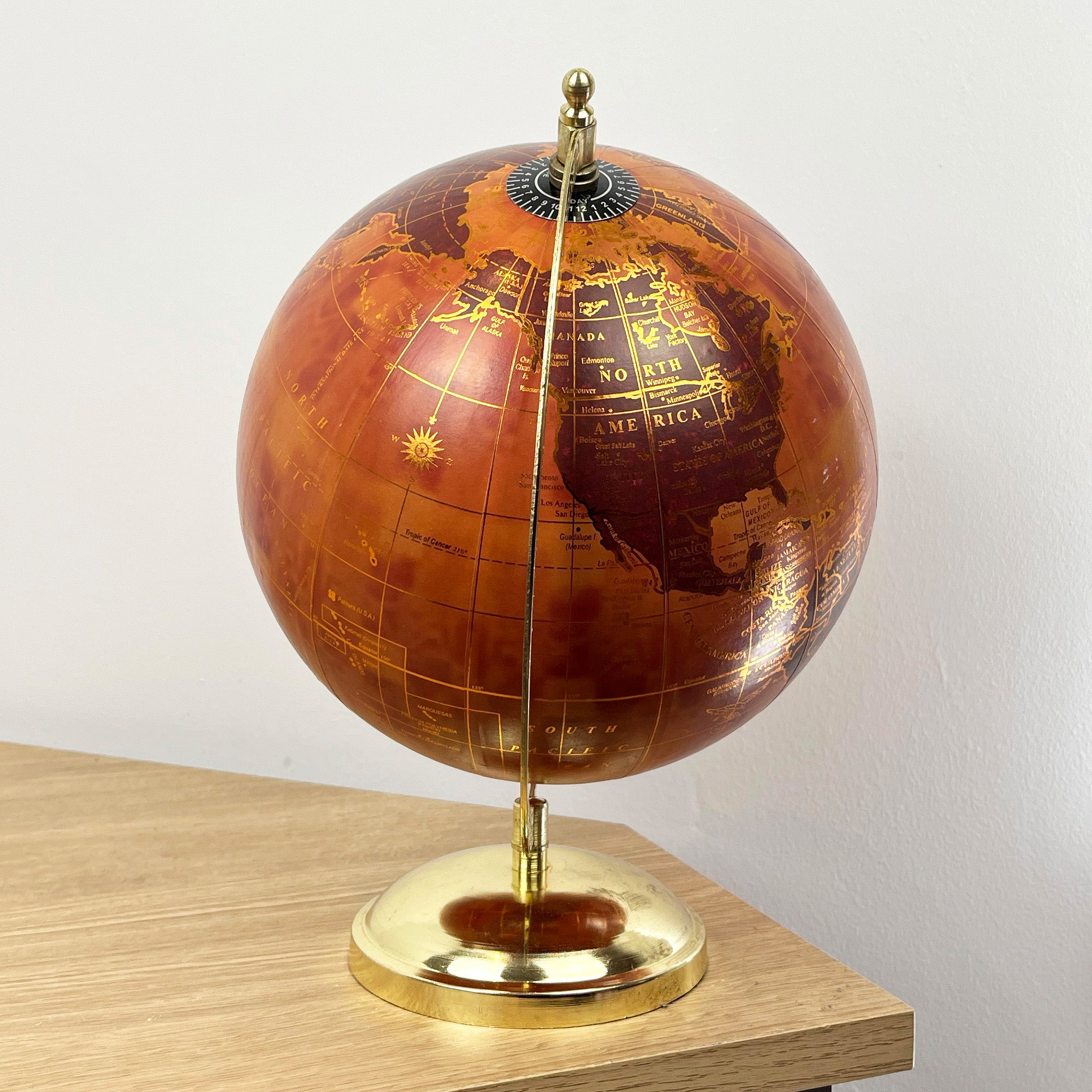 27cm Tall Rotating Globe Ornament - Terracotta & Gold
