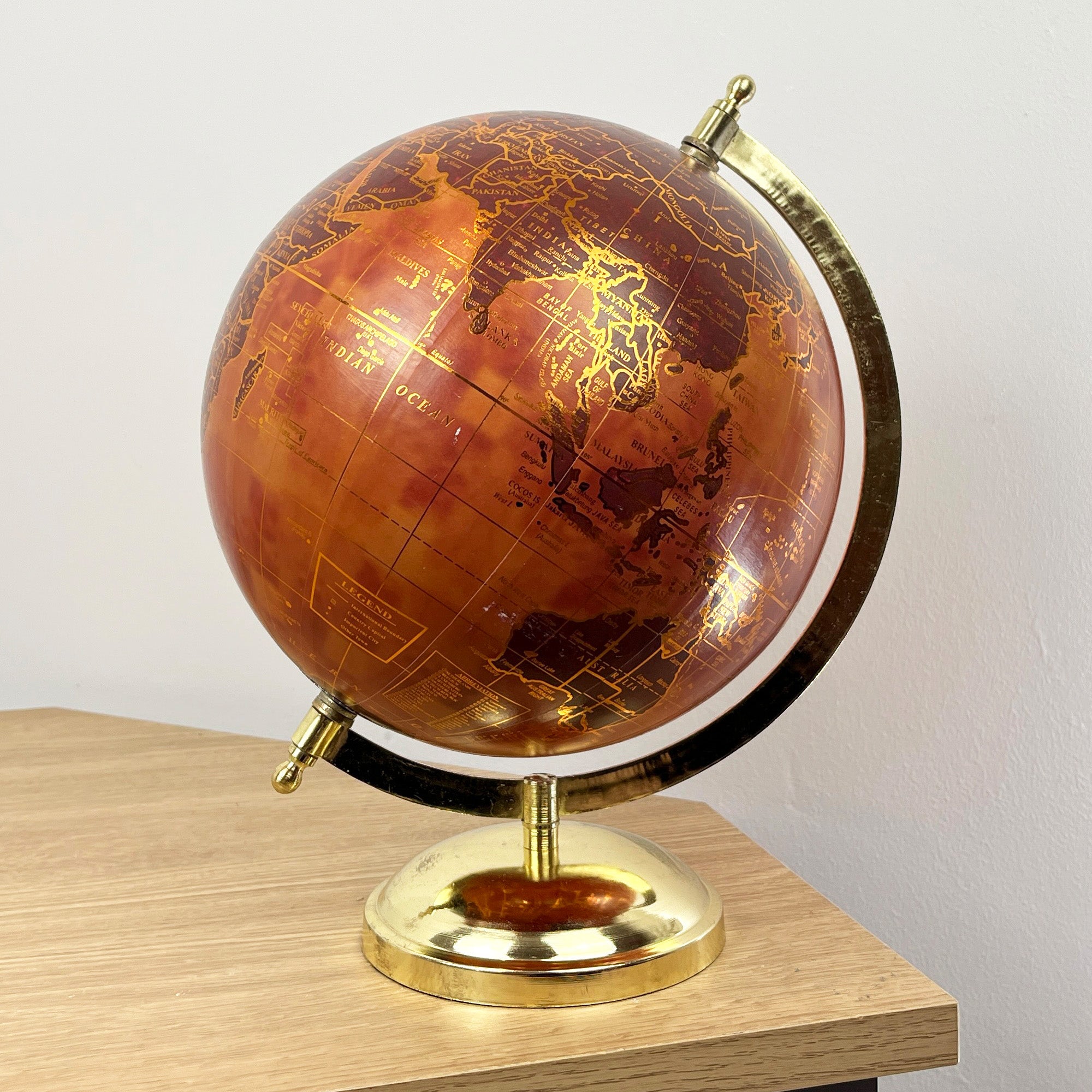27cm Tall Rotating Globe Ornament - Terracotta & Gold