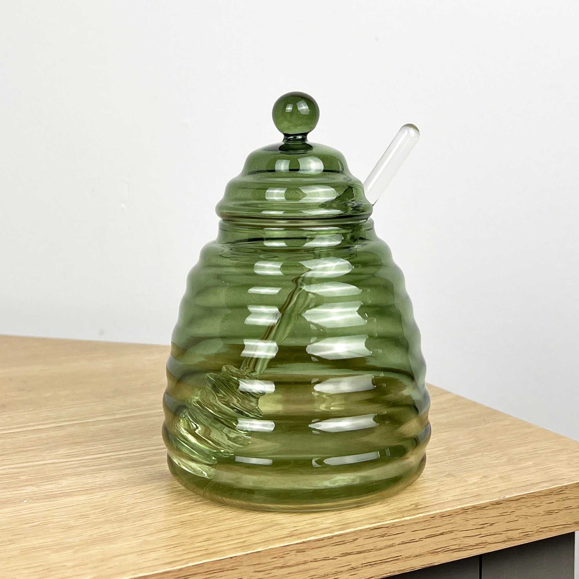 Green Glass Honey Pot with Dripper