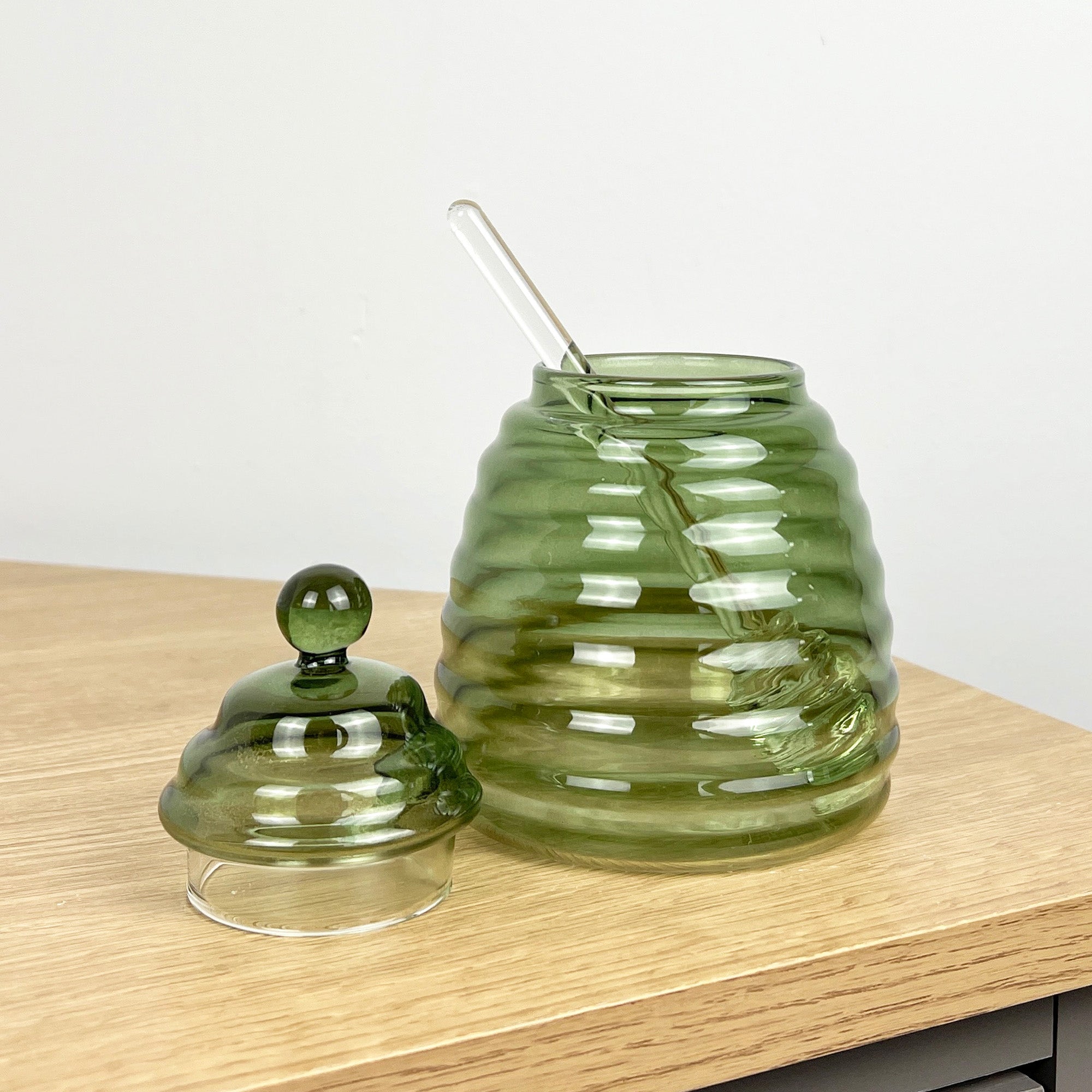 Green Glass Honey Pot with Dripper