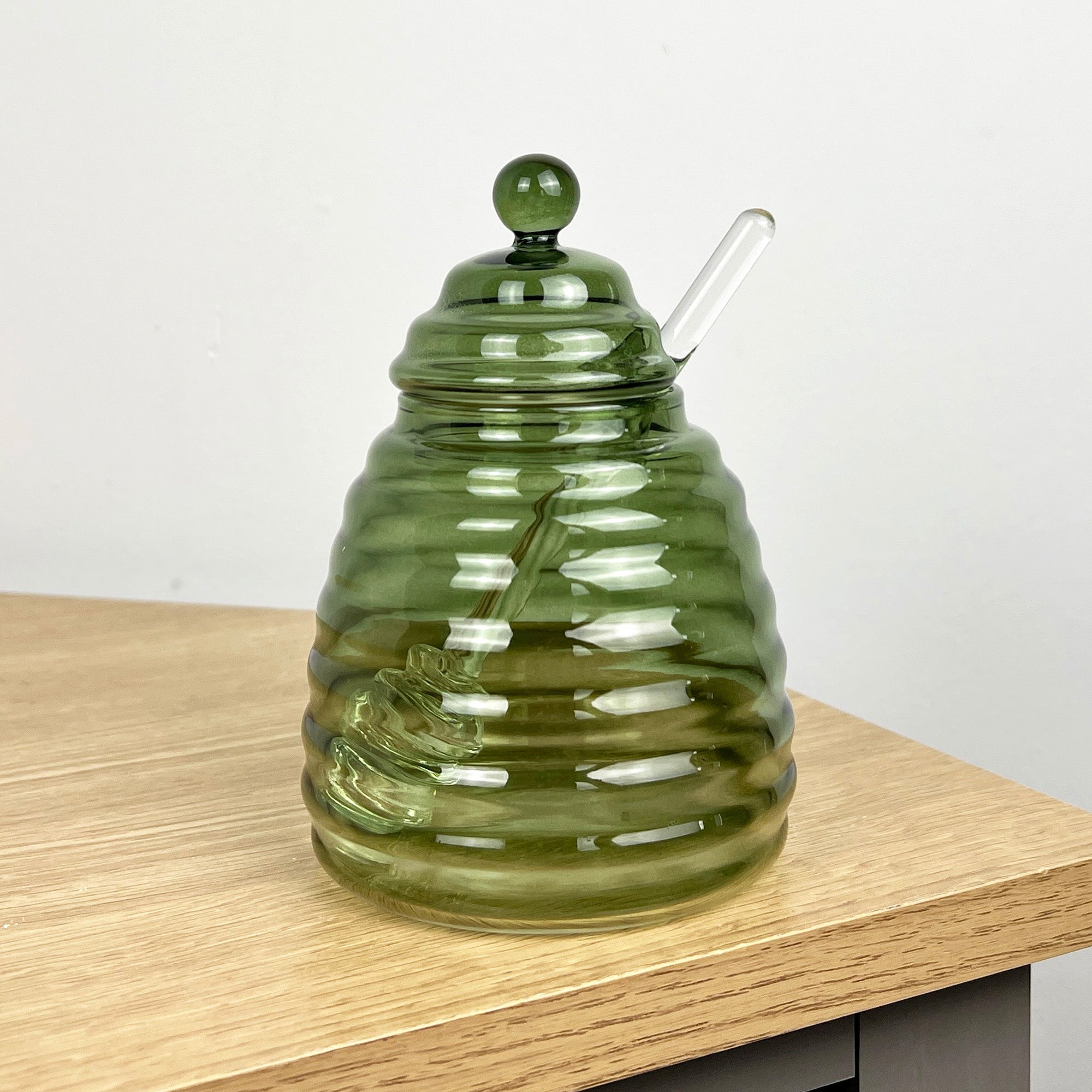 Green Glass Honey Pot with Dripper
