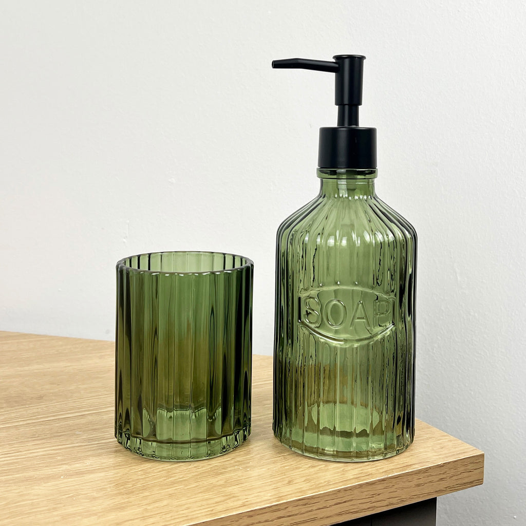 2 Piece Ribbed Glass Bathroom Sink Accessories Set - Green
