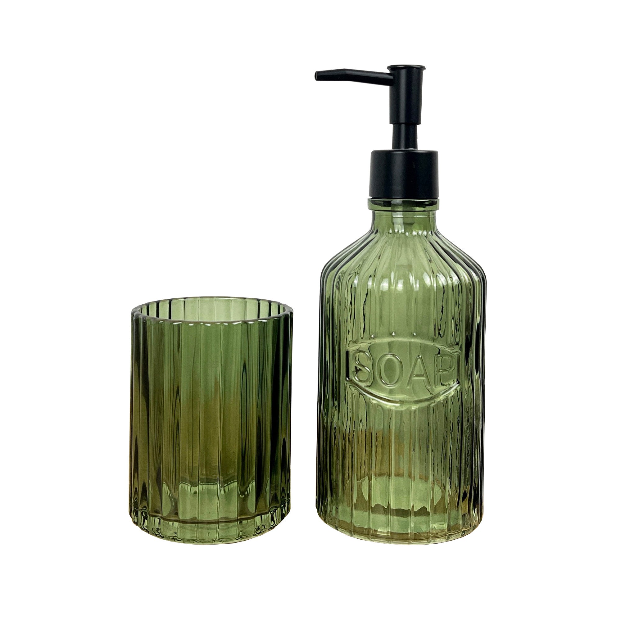 2 Piece Ribbed Glass Bathroom Sink Accessories Set - Green
