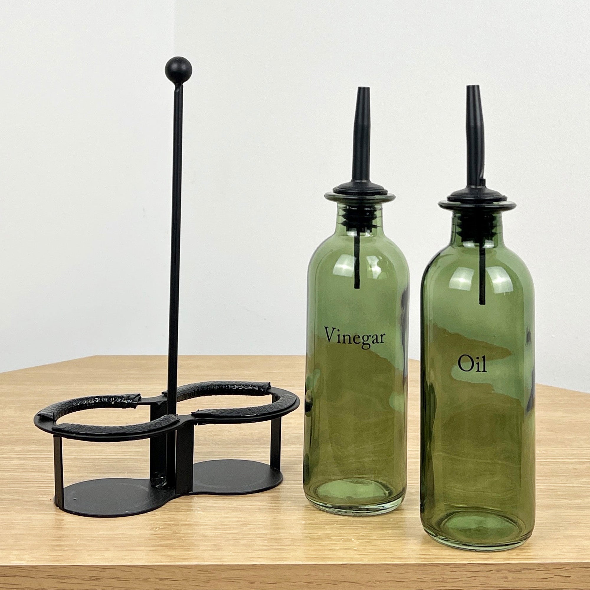 Green Glass Oil & Vinegar Bottles with Caddy