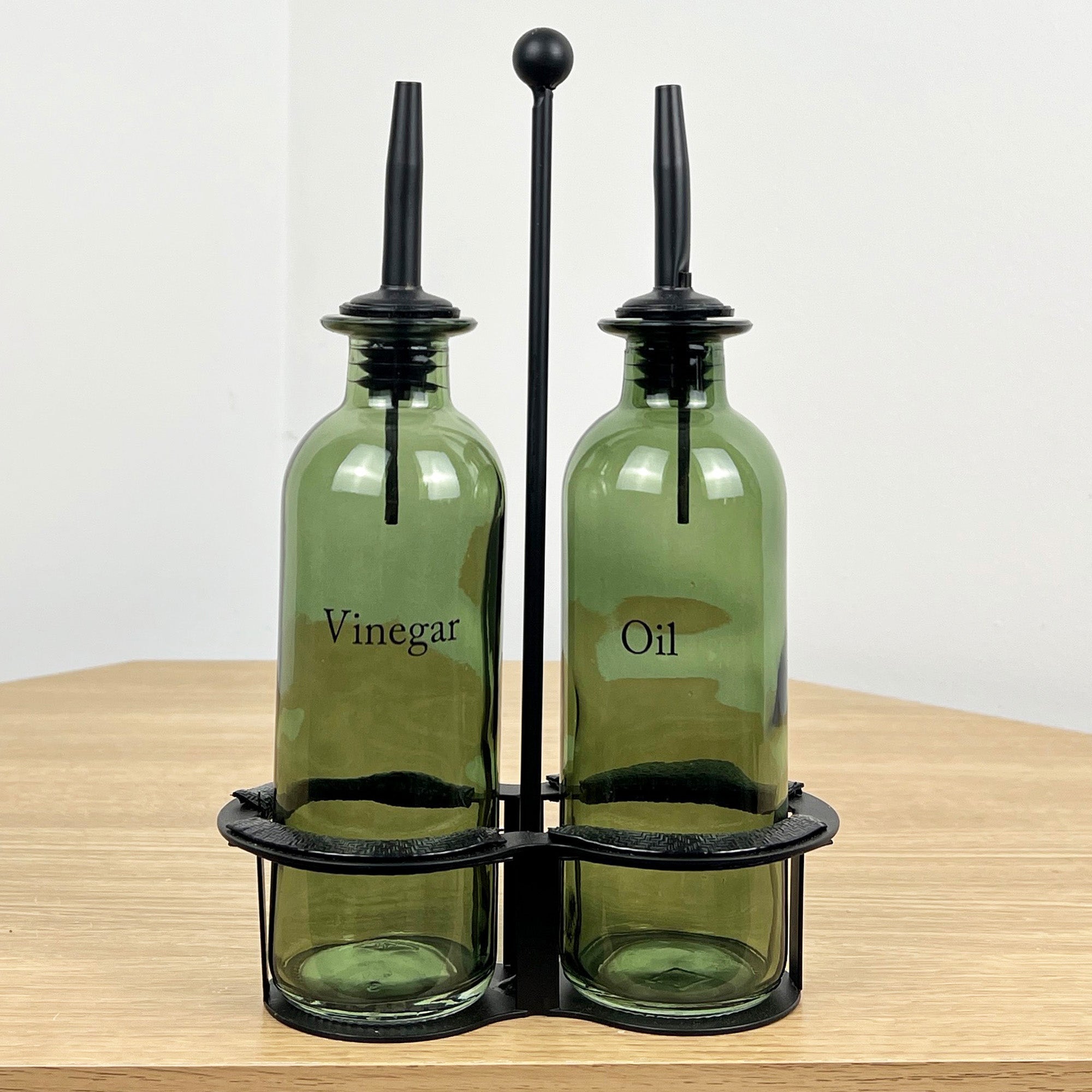 Green Glass Oil & Vinegar Bottles with Caddy