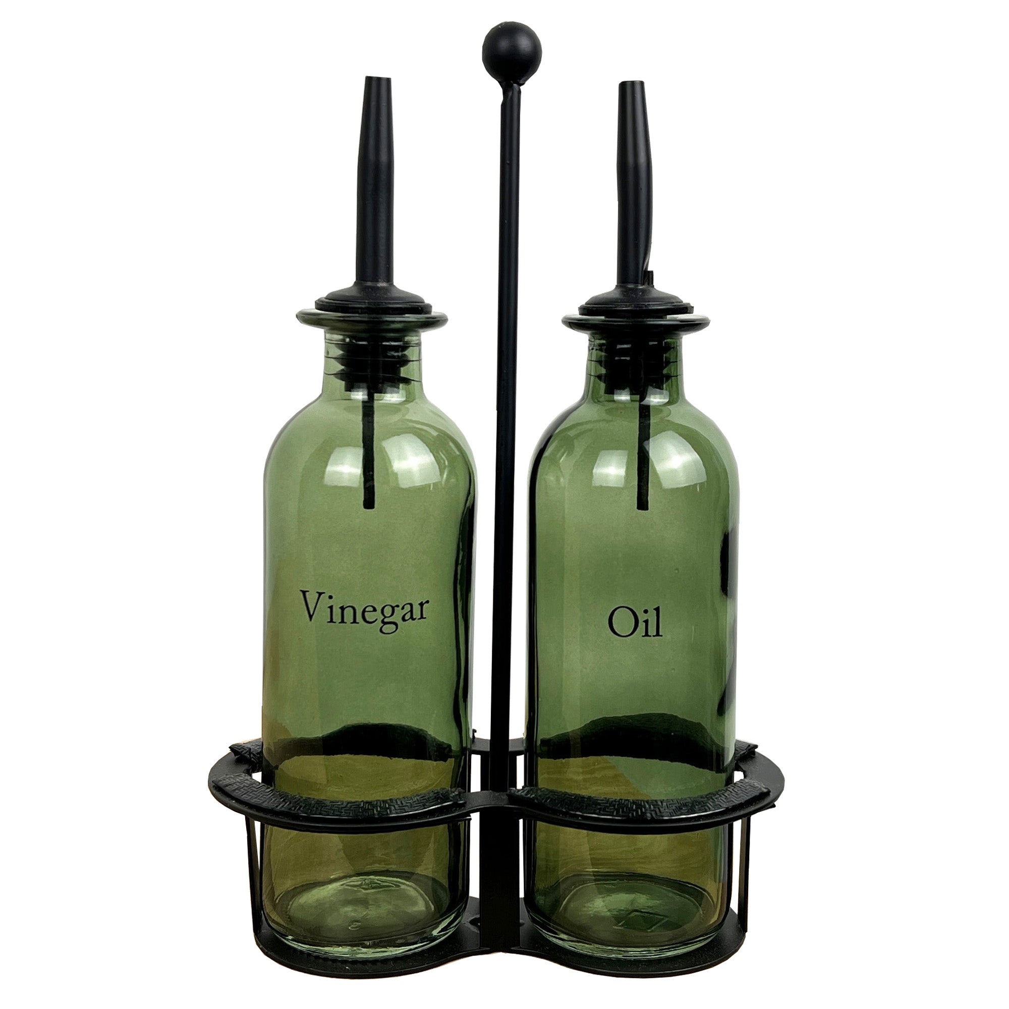 Green Glass Oil & Vinegar Bottles with Caddy