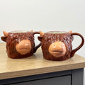 Set of 2 x Novelty Highland Cow Shaped Mugs – Ceramic
