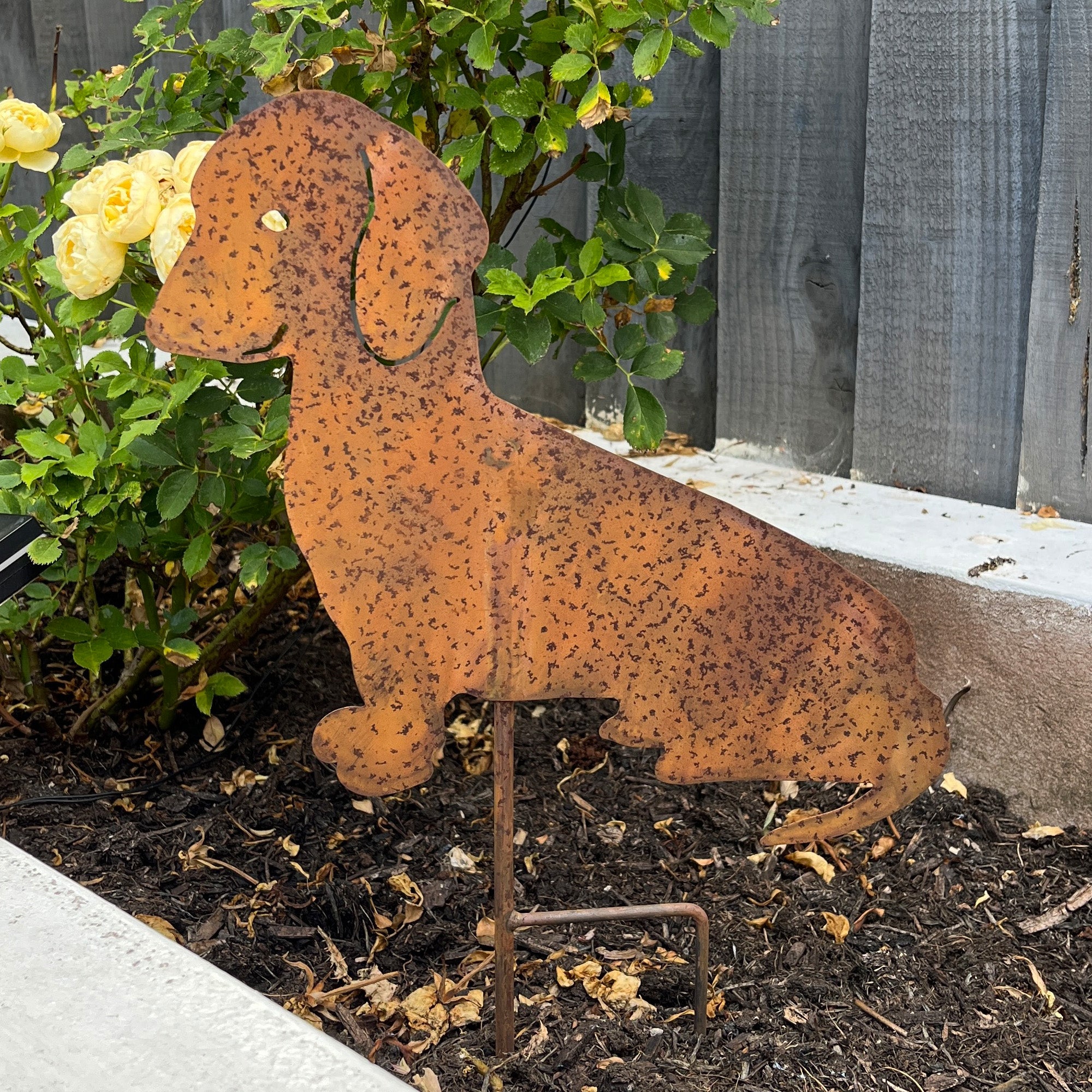 Sitting Dog Metal Stake Garden Ornament - Rusty