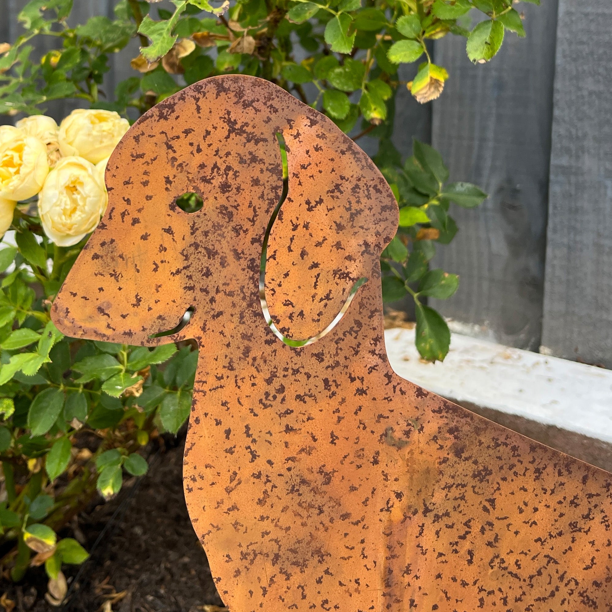 Sitting Dog Metal Stake Garden Ornament - Rusty