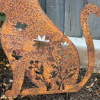 Floral Cat Metal Stake Garden Ornament - Rusty