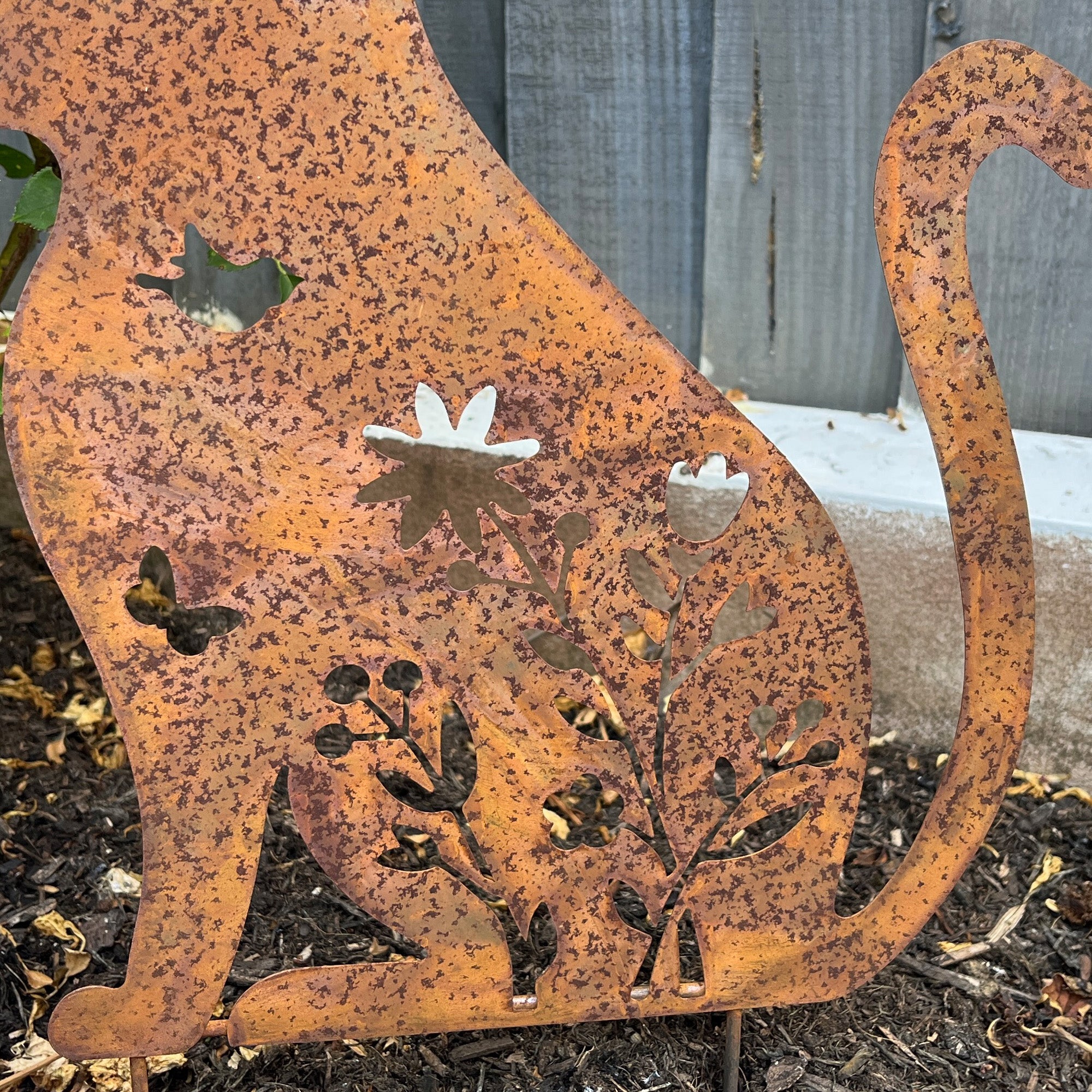 Floral Cat Metal Stake Garden Ornament - Rusty