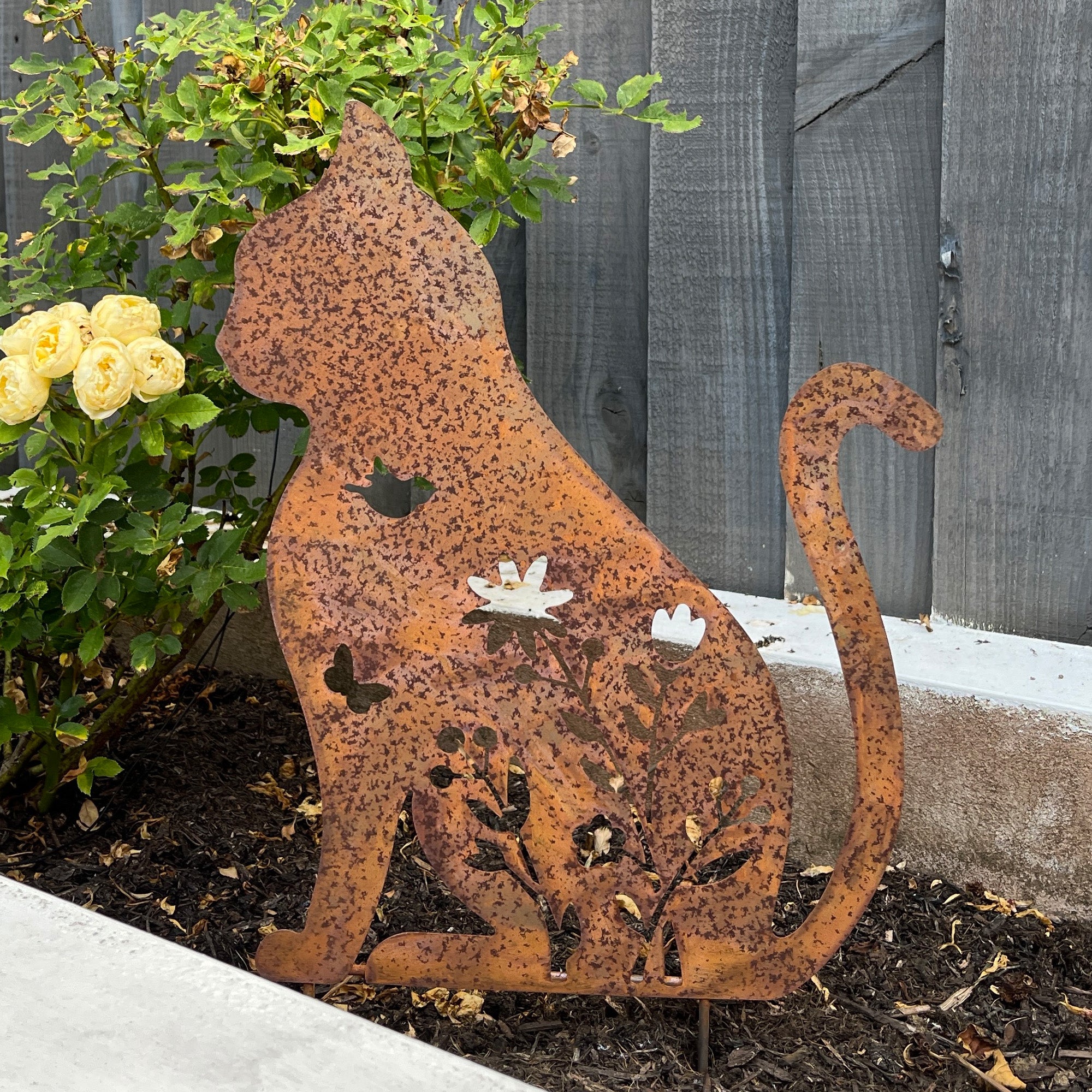 Floral Cat Metal Stake Garden Ornament - Rusty