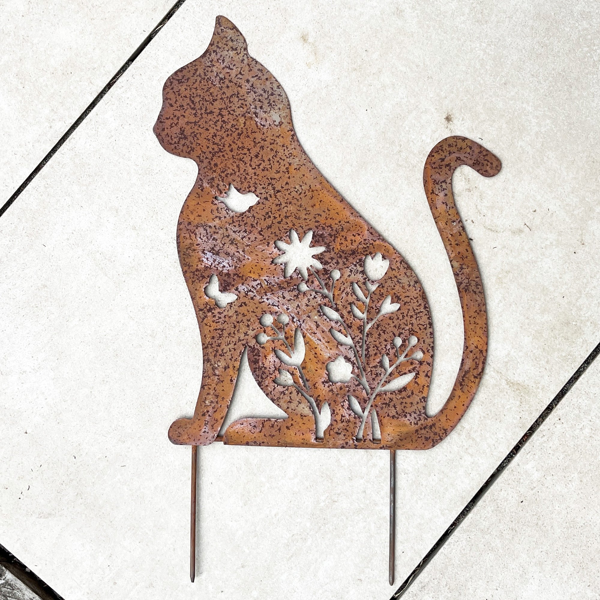 Floral Cat Metal Stake Garden Ornament - Rusty