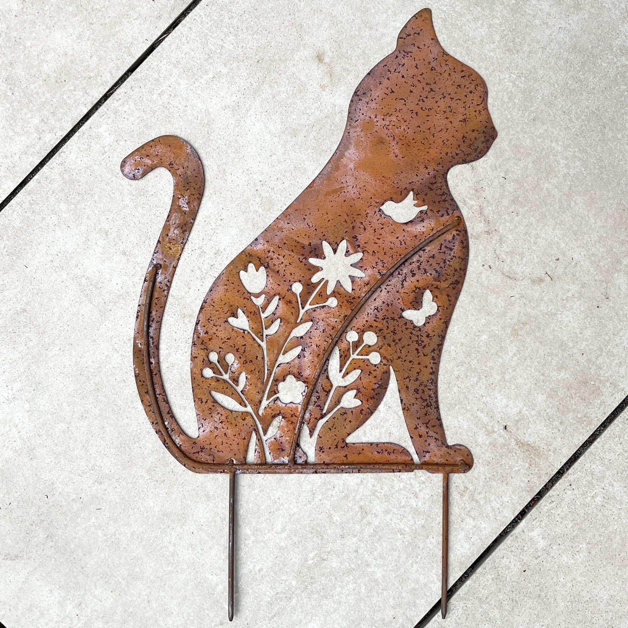 Floral Cat Metal Stake Garden Ornament - Rusty