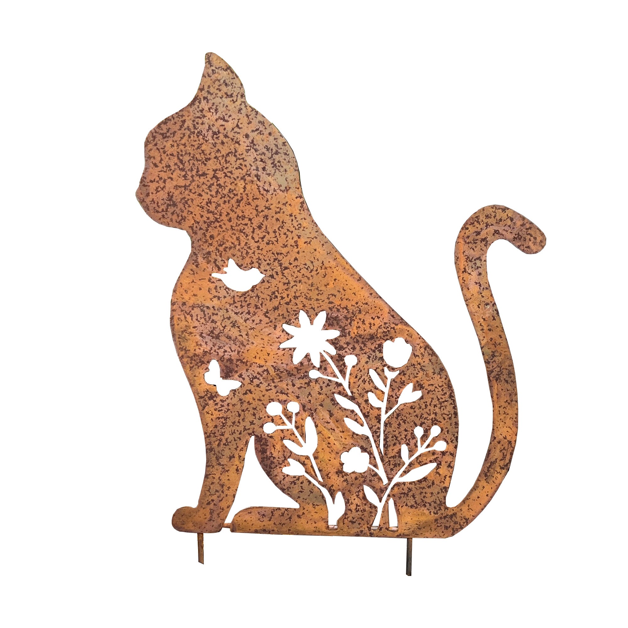 Floral Cat Metal Stake Garden Ornament - Rusty