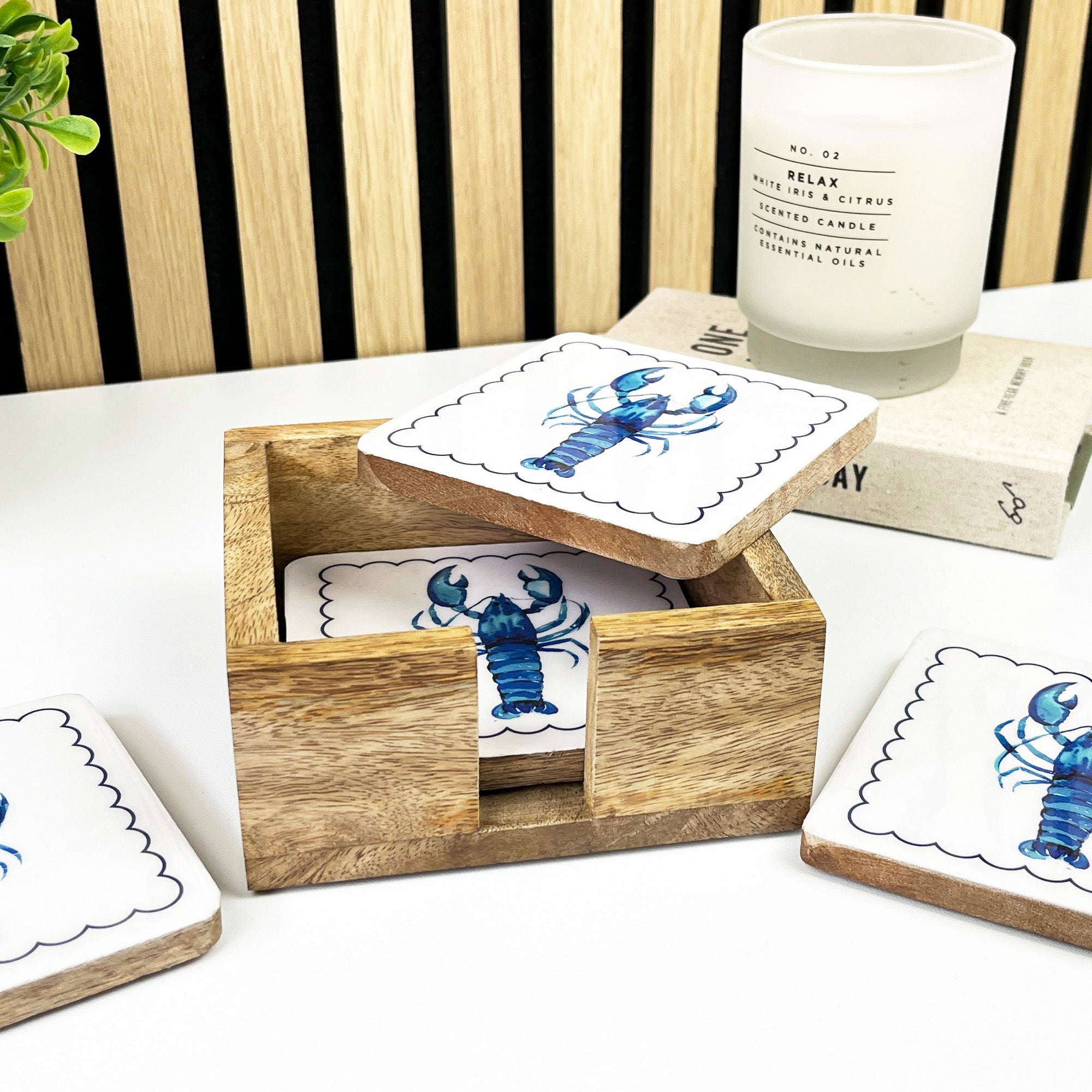 Set of 4 Wooden Coasters in Holder – Lobster