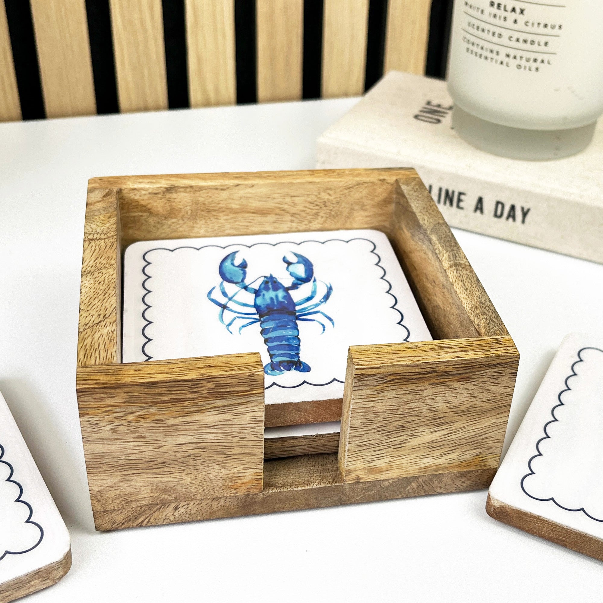 Set of 4 Wooden Coasters in Holder – Lobster