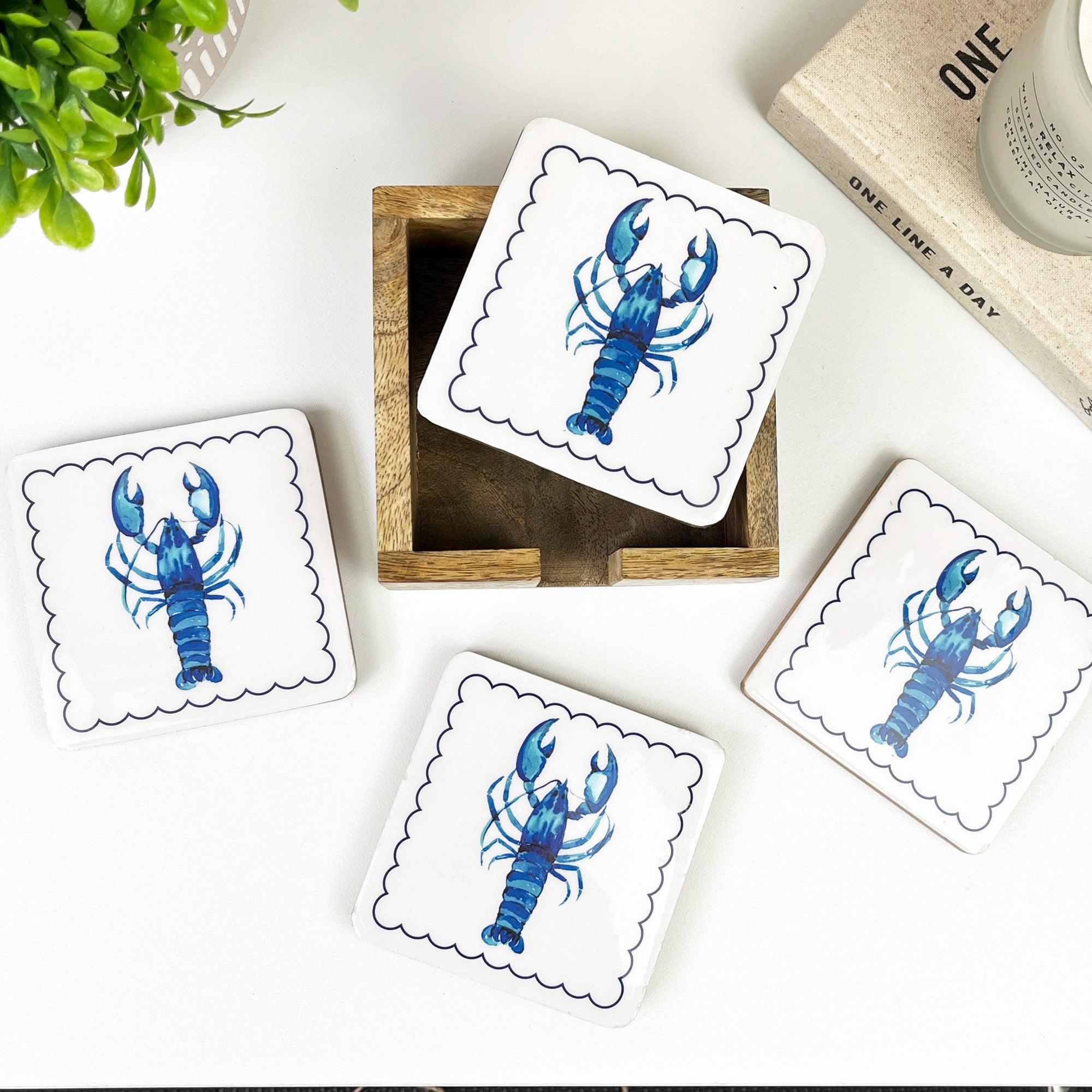 Set of 4 Wooden Coasters in Holder – Lobster