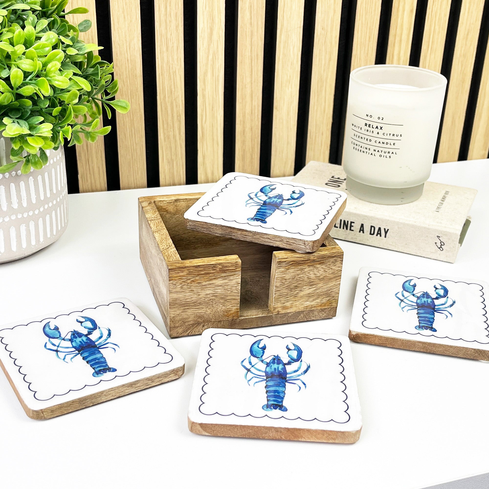 Set of 4 Wooden Coasters in Holder – Lobster