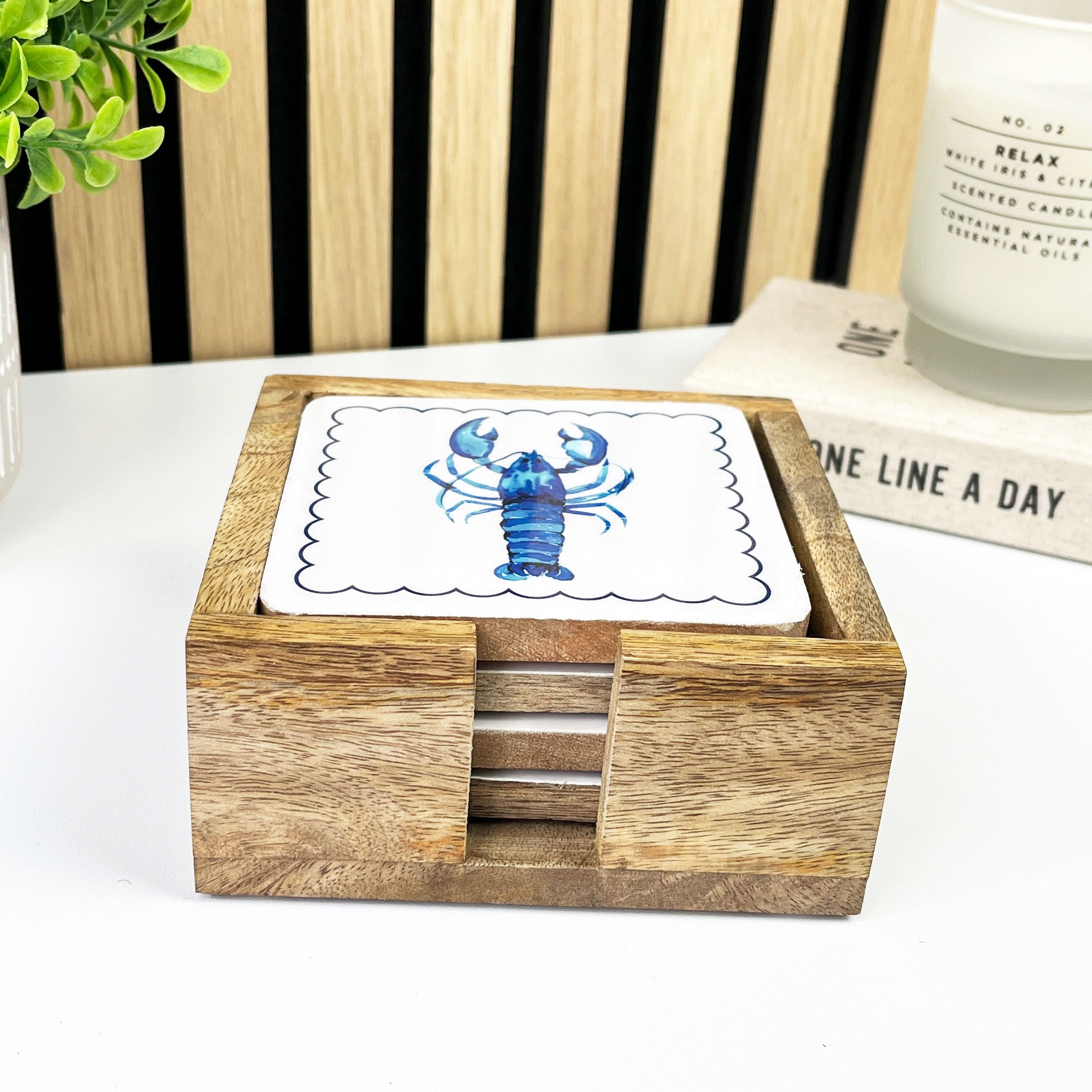 Set of 4 Wooden Coasters in Holder – Lobster