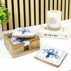 Set of 4 Wooden Coasters in Holder – Octopus